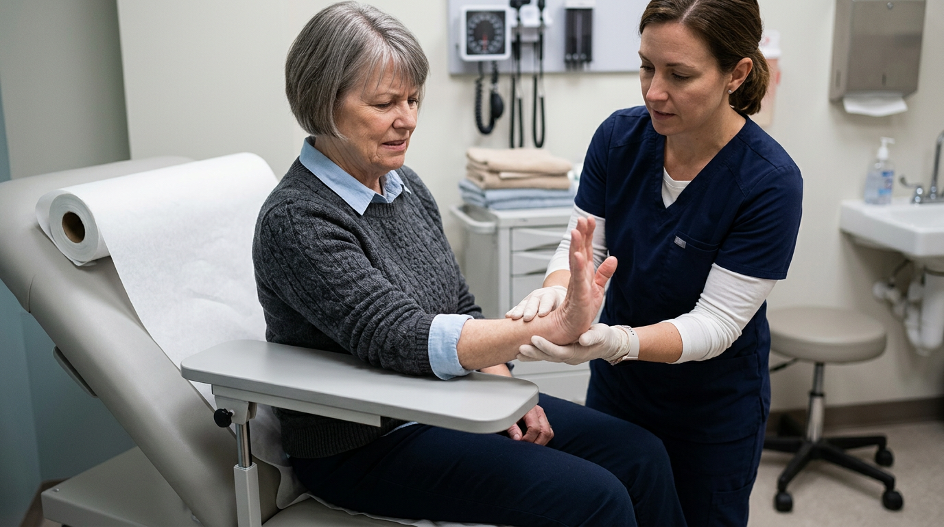 An older female veteran in a clinical exam room demonstrating limited wrist dorsiflexion, unable to bend her hand back fully