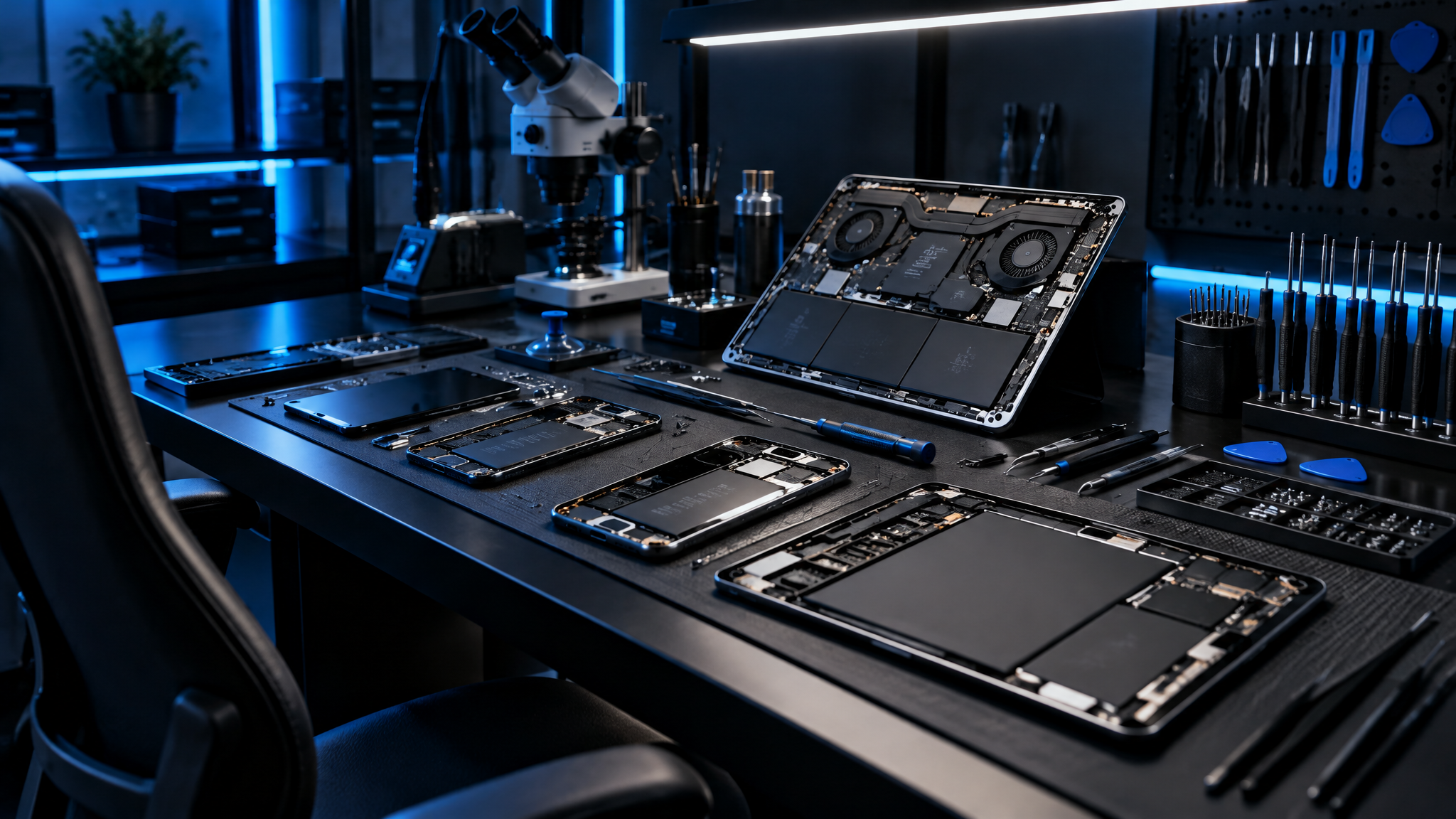 Tech workspace con illuminazione blu