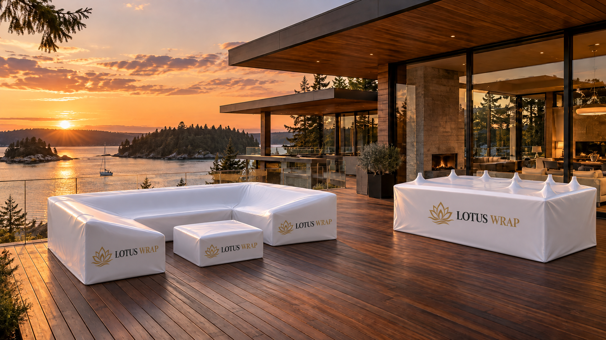 West Coast waterfront home with professionally wrapped outdoor furniture at golden hour — concept imagery