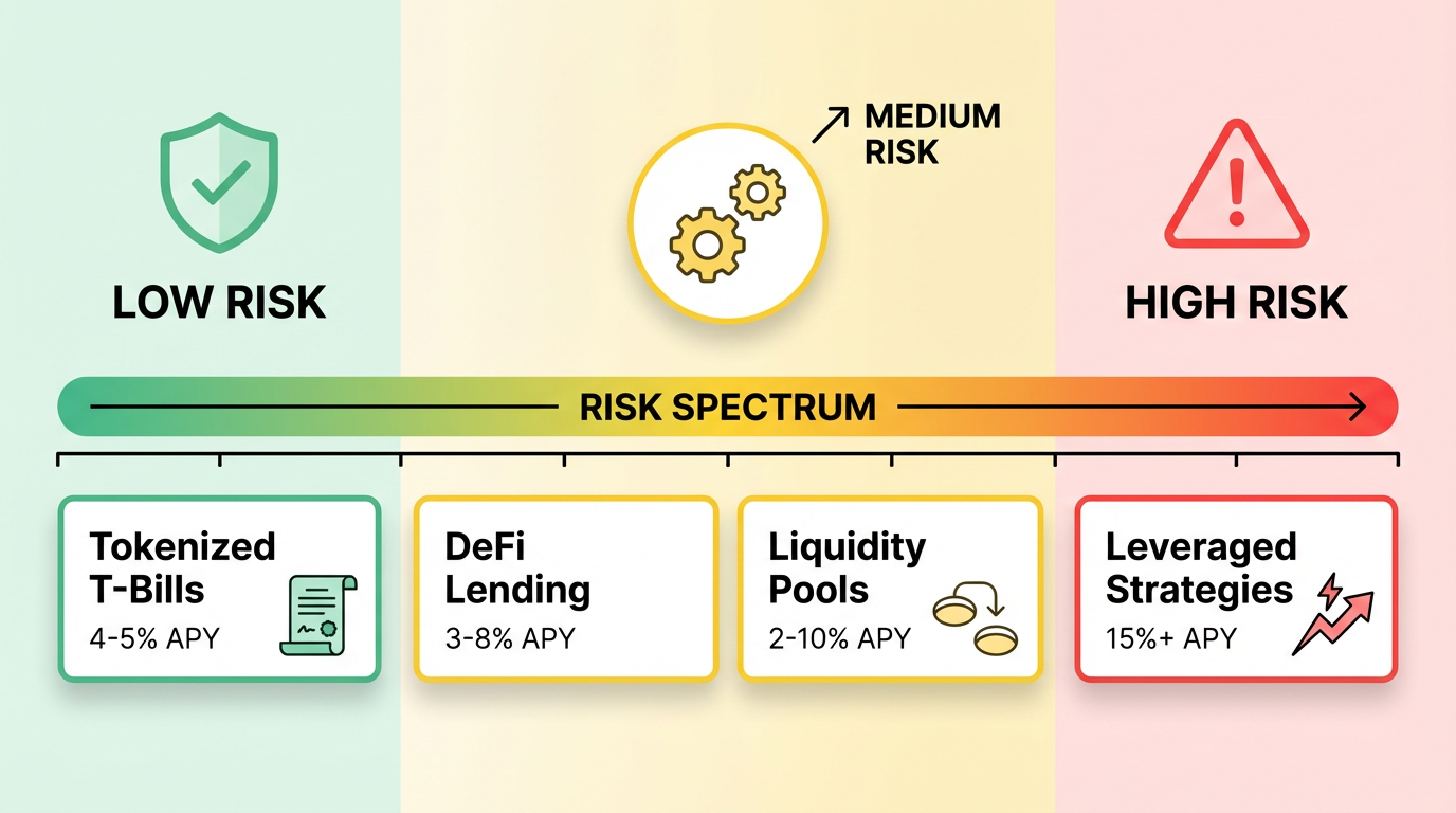 Stablecoin yield strategies risk spectrum from low-risk tokenized T-bills to high-risk leveraged DeFi strategies