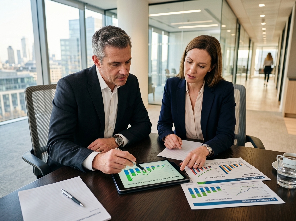 Business partners reviewing financial projections and investment structure