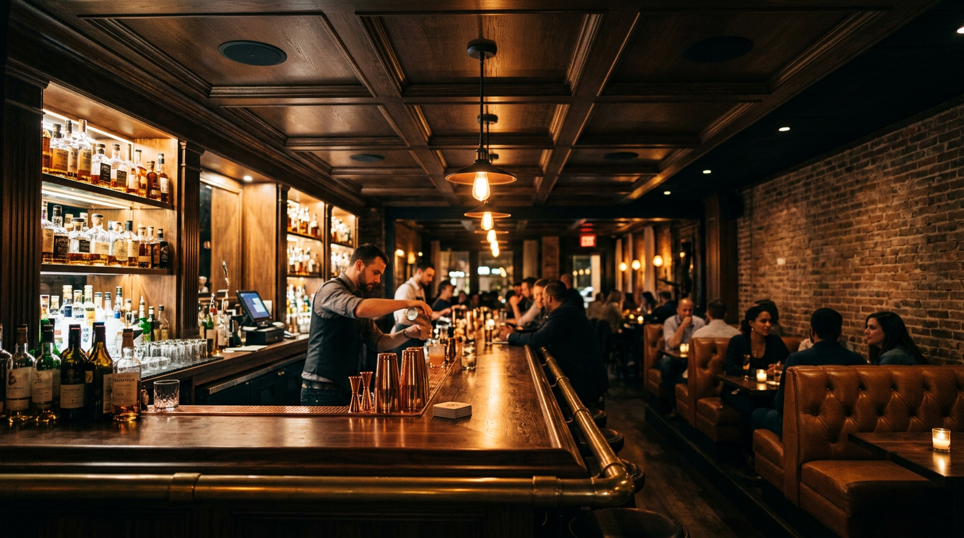 Bar interior with professional audio system installation
