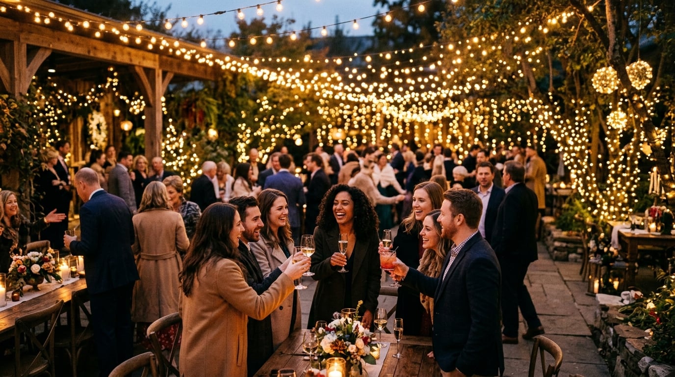 Festive event with warm string lights