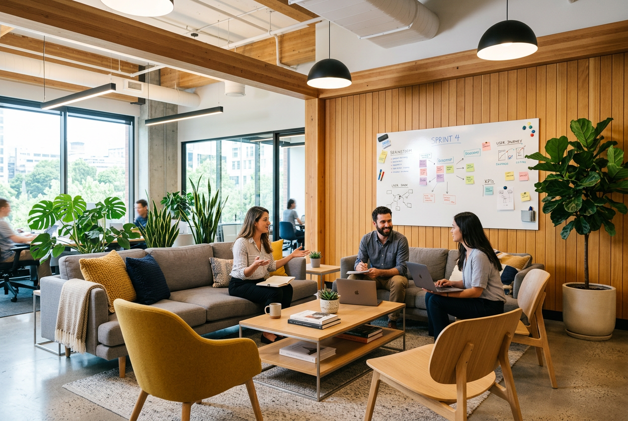 Contemporary open-plan office collaboration area with modern furniture