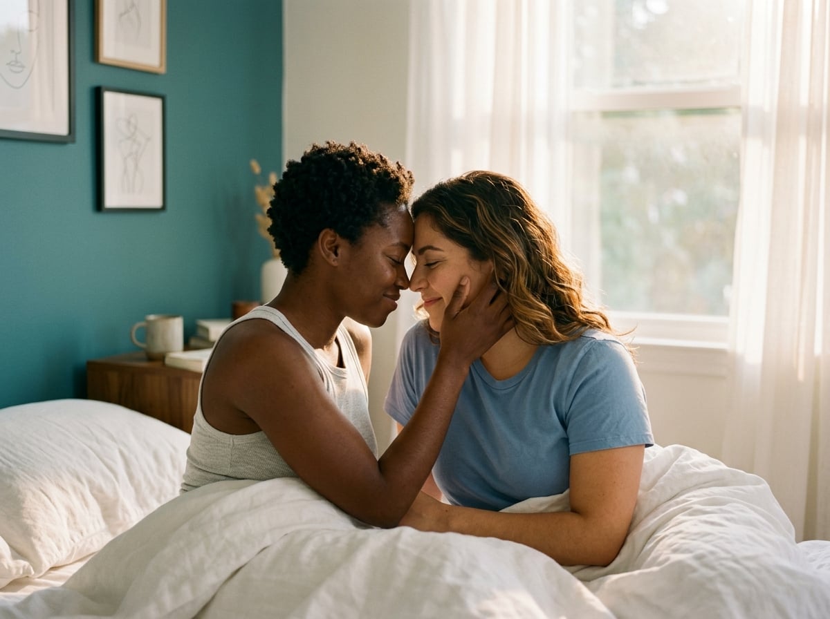 Couple sharing a tender moment in soft morning light