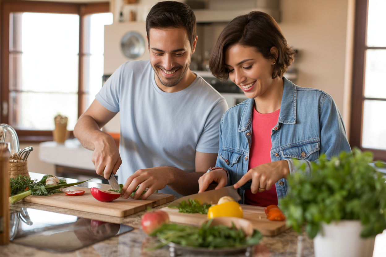 Coppia italiana felice che cucina insieme con energia e vitalità