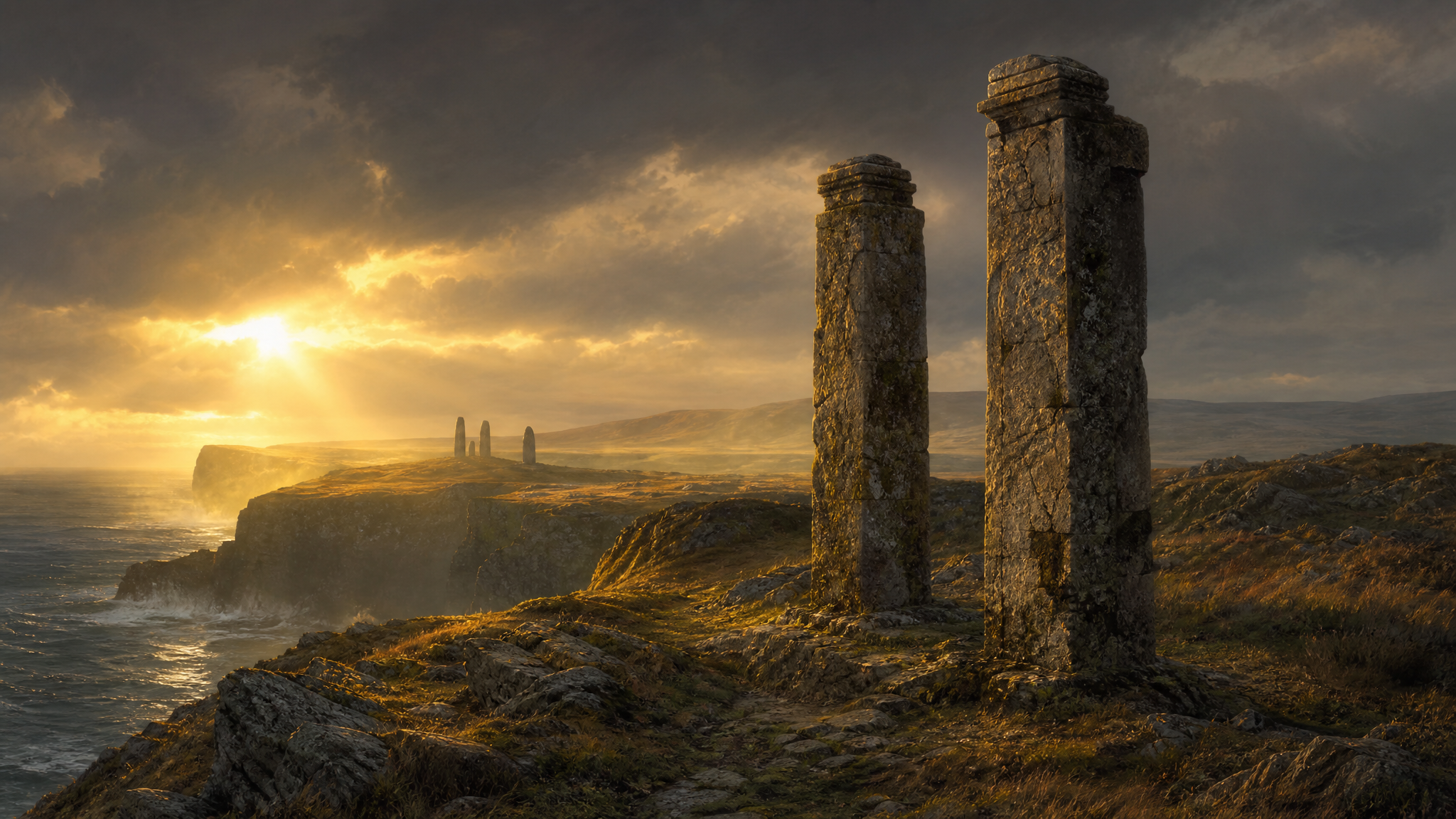 Two ancient stone pillars on a windswept coastal cliff at golden-hour sunrise