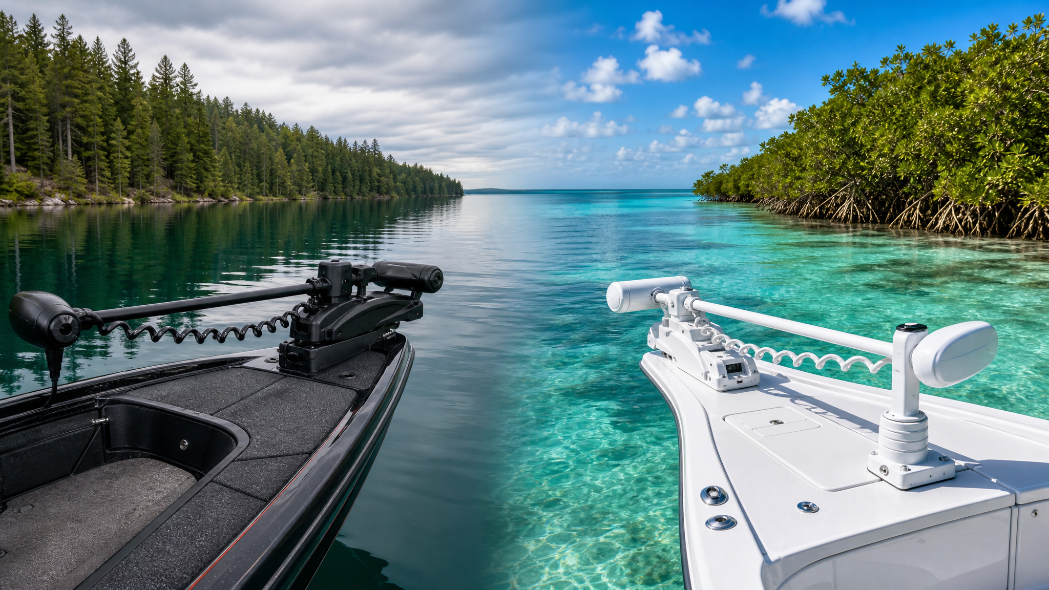 Freshwater bow-mount trolling motor and white saltwater trolling motor shown in lake and coastal environments