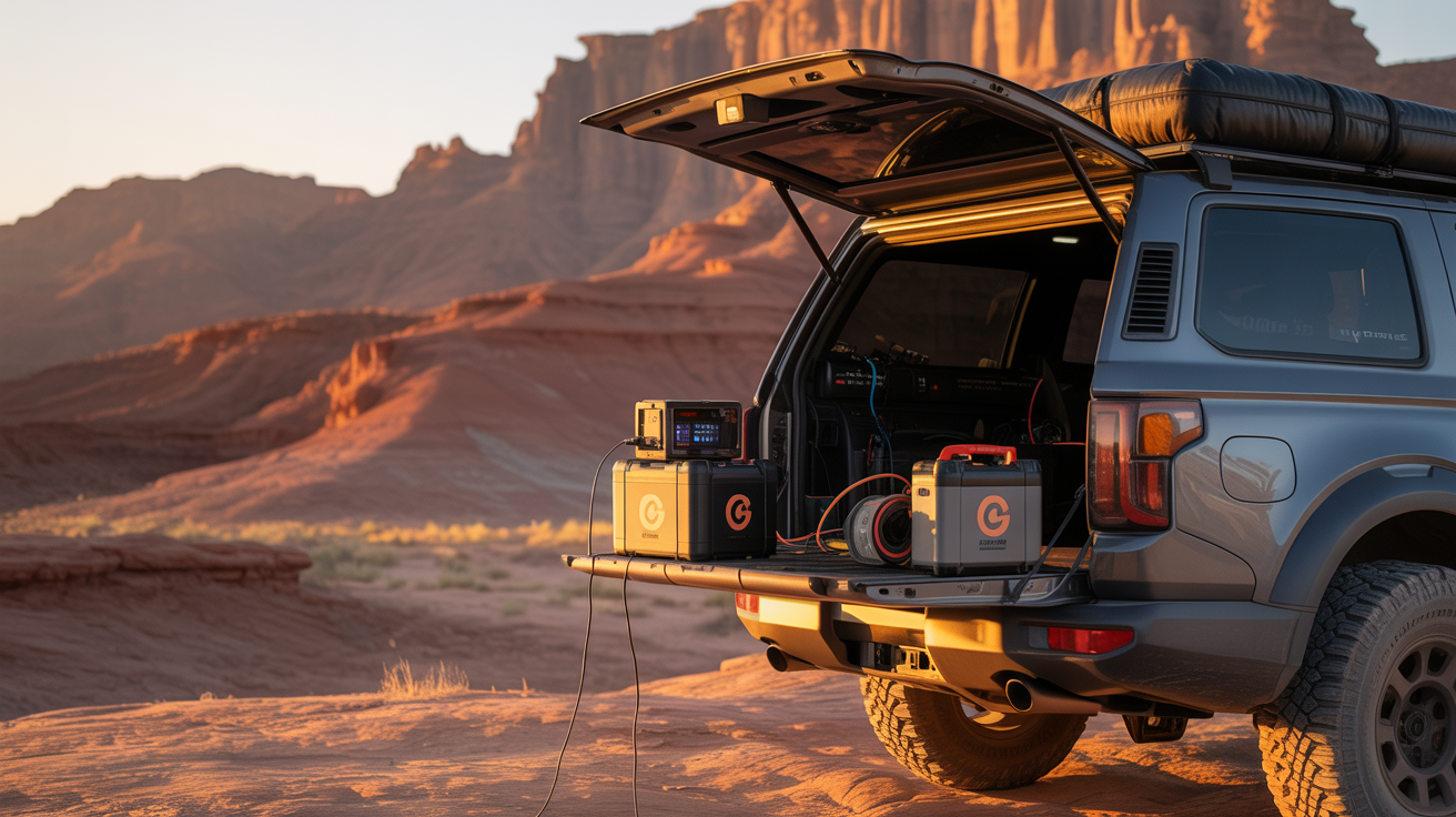 12V-100Ah Wide Temp Battery powering van life camping setup with string lights in forest environment