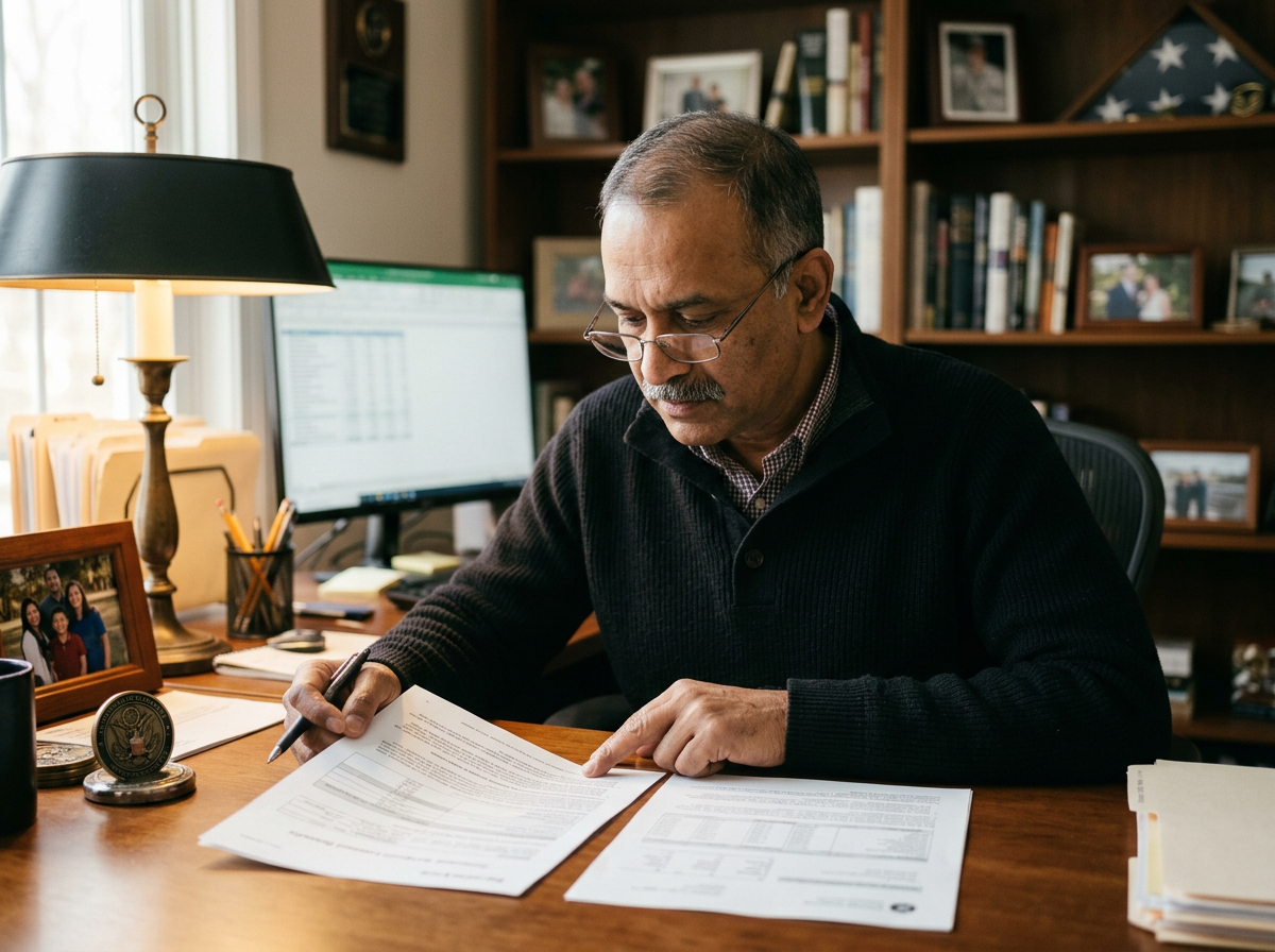 Military retiree comparing two benefit statements side by side at his desk