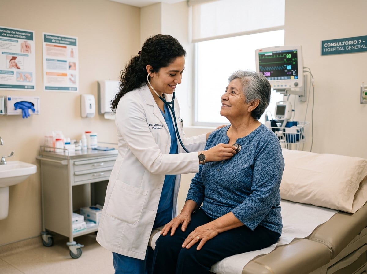 Doctor atendiendo a paciente mayor en hospital moderno