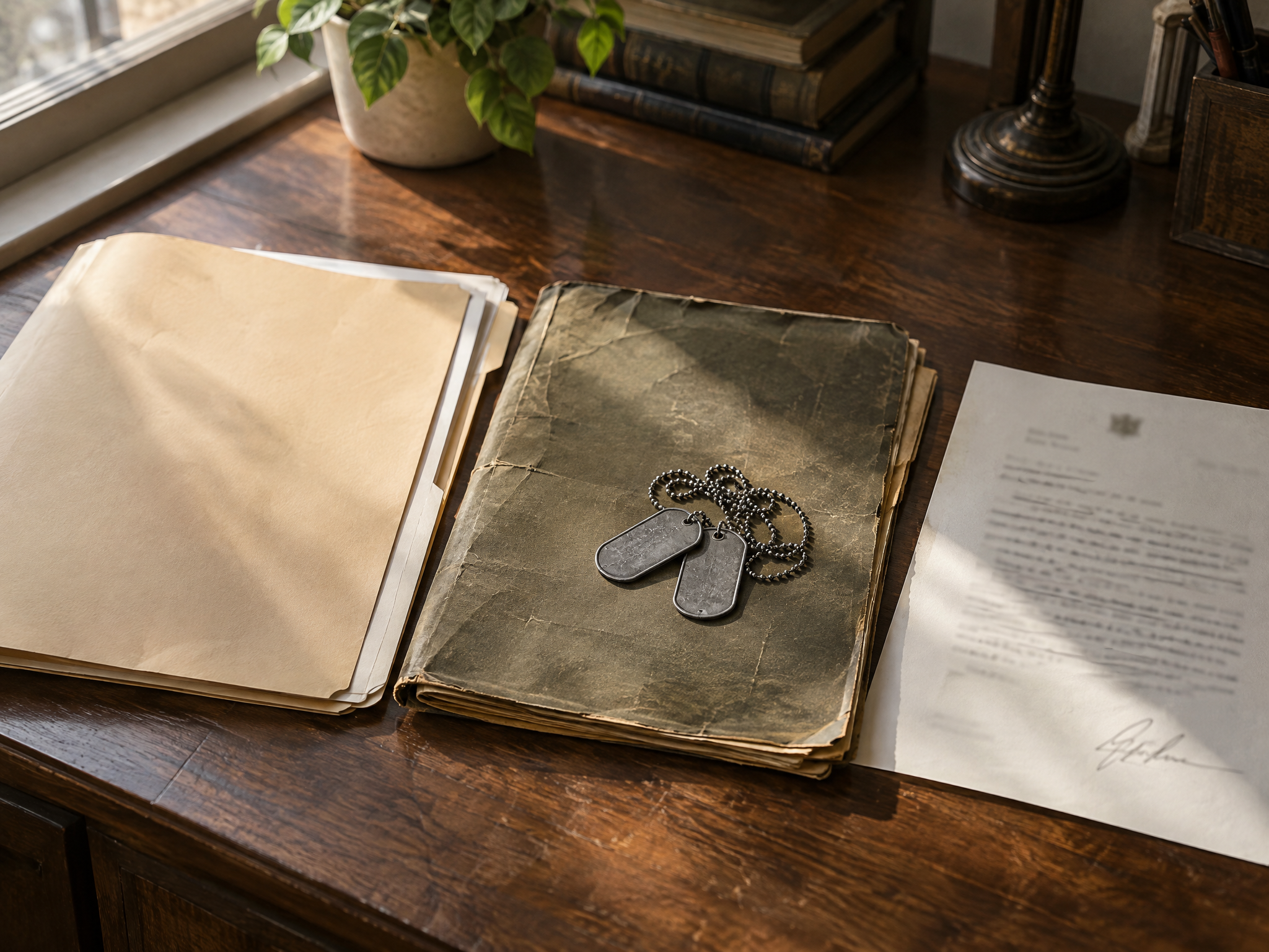 A medical folder, a service record with dog tags, and a doctor's letter side by side