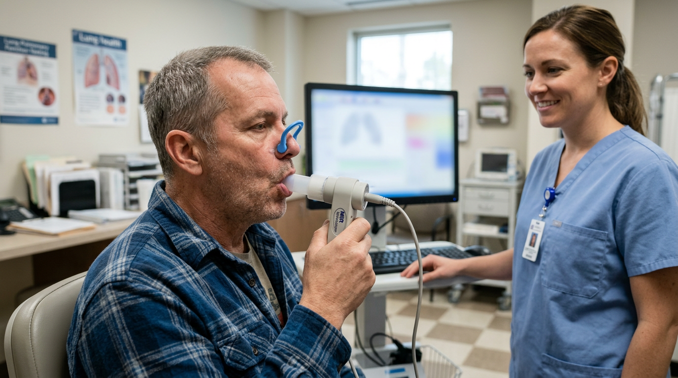 Veteran doing a spirometry breathing test at a pulmonary clinic with a clinician beside him