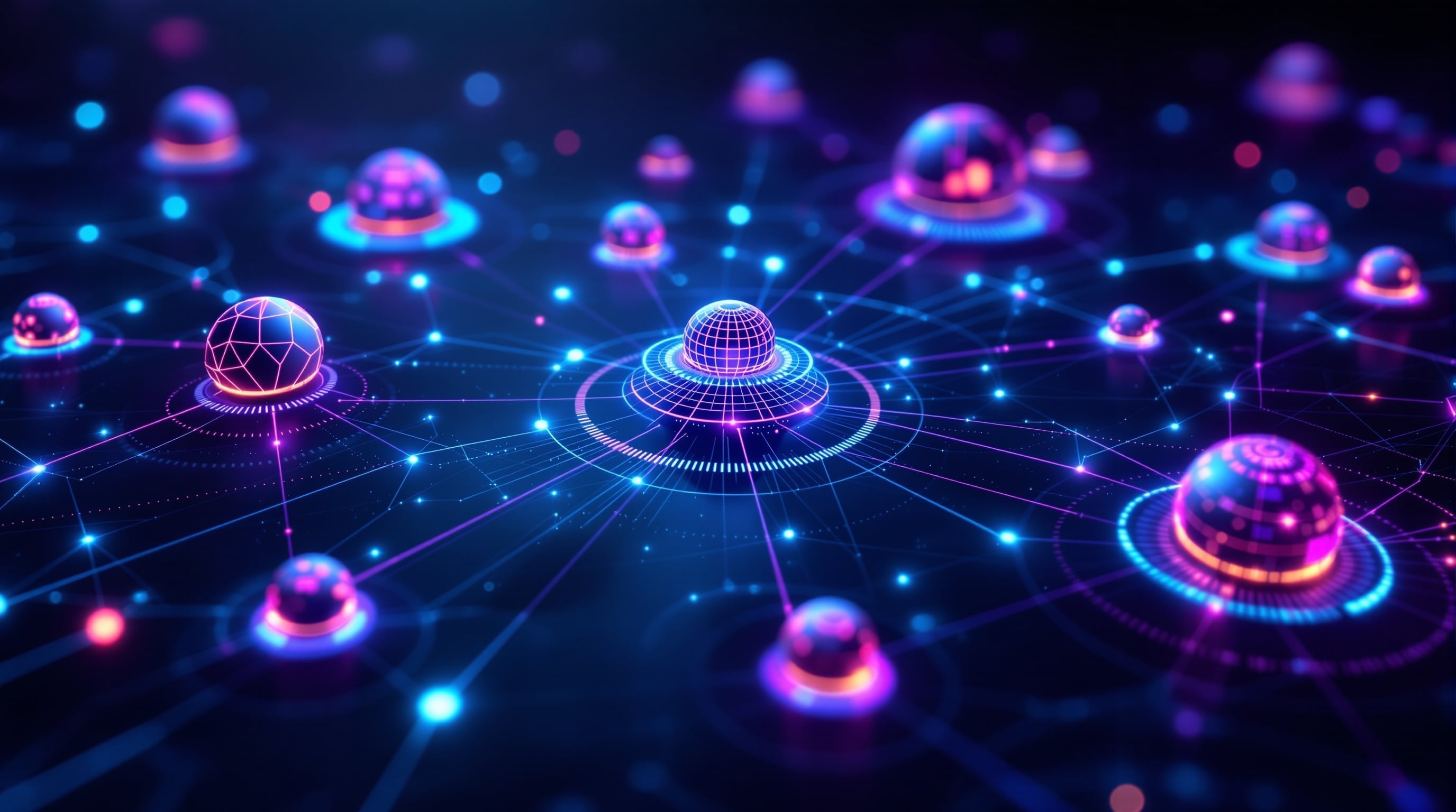 Futuristic venture studio visualization with interconnected innovation nodes