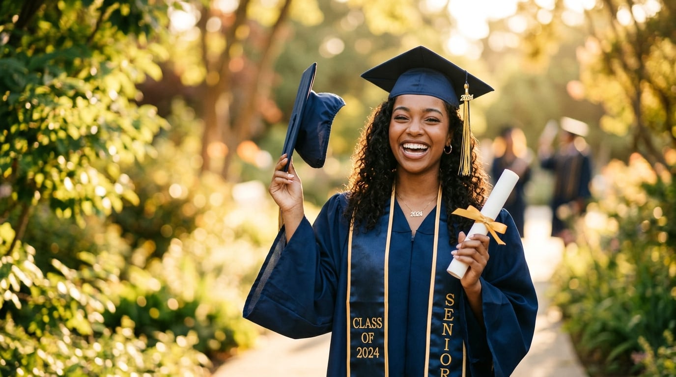 Graduate celebrating in cap and gown outdoors