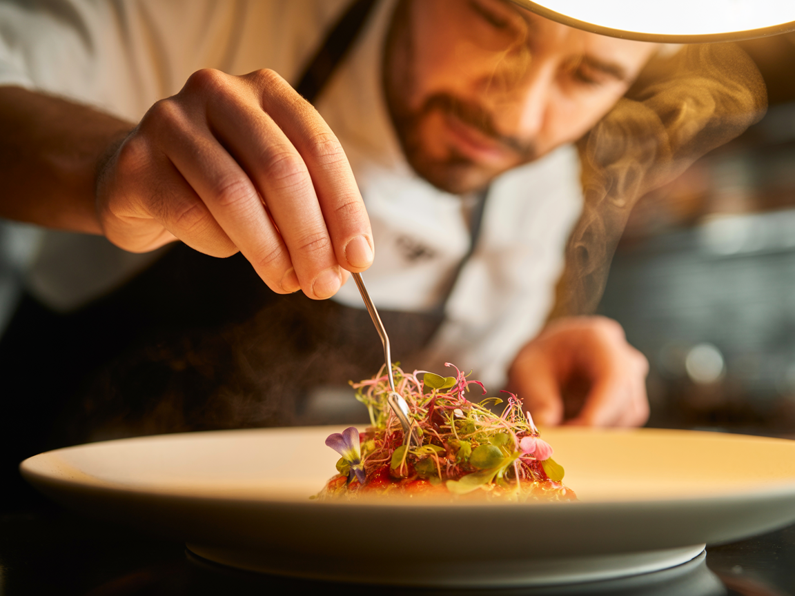 Chef carefully plating gourmet dish with garnishes