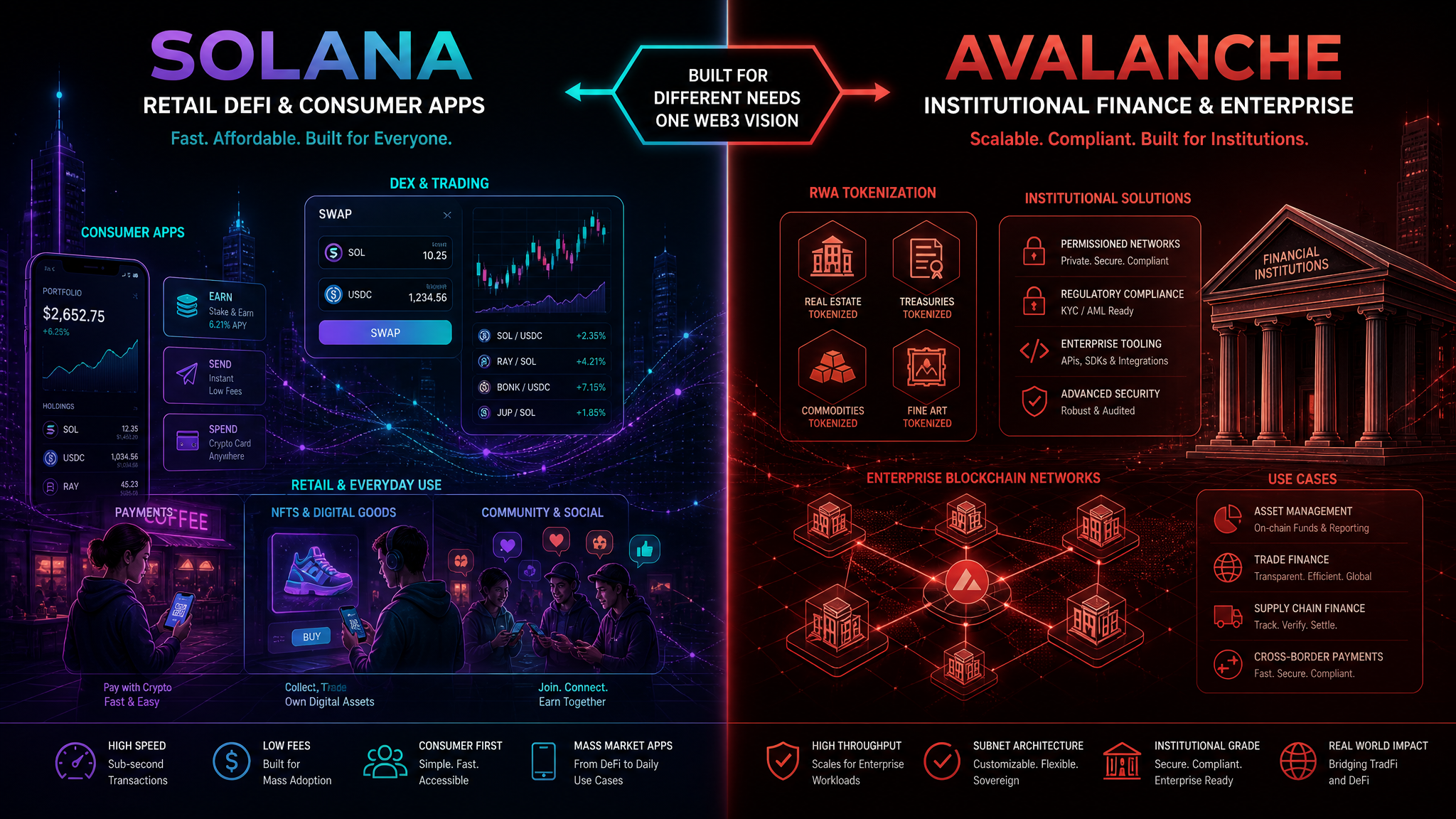 Solana vs Avalanche 2026 investment comparison — ecosystem, tokenomics, and use cases