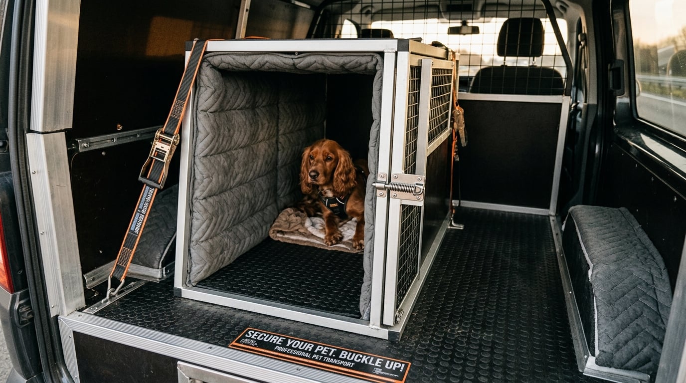 Close-up of pet transport safety features including a padded travel crate and non-slip flooring