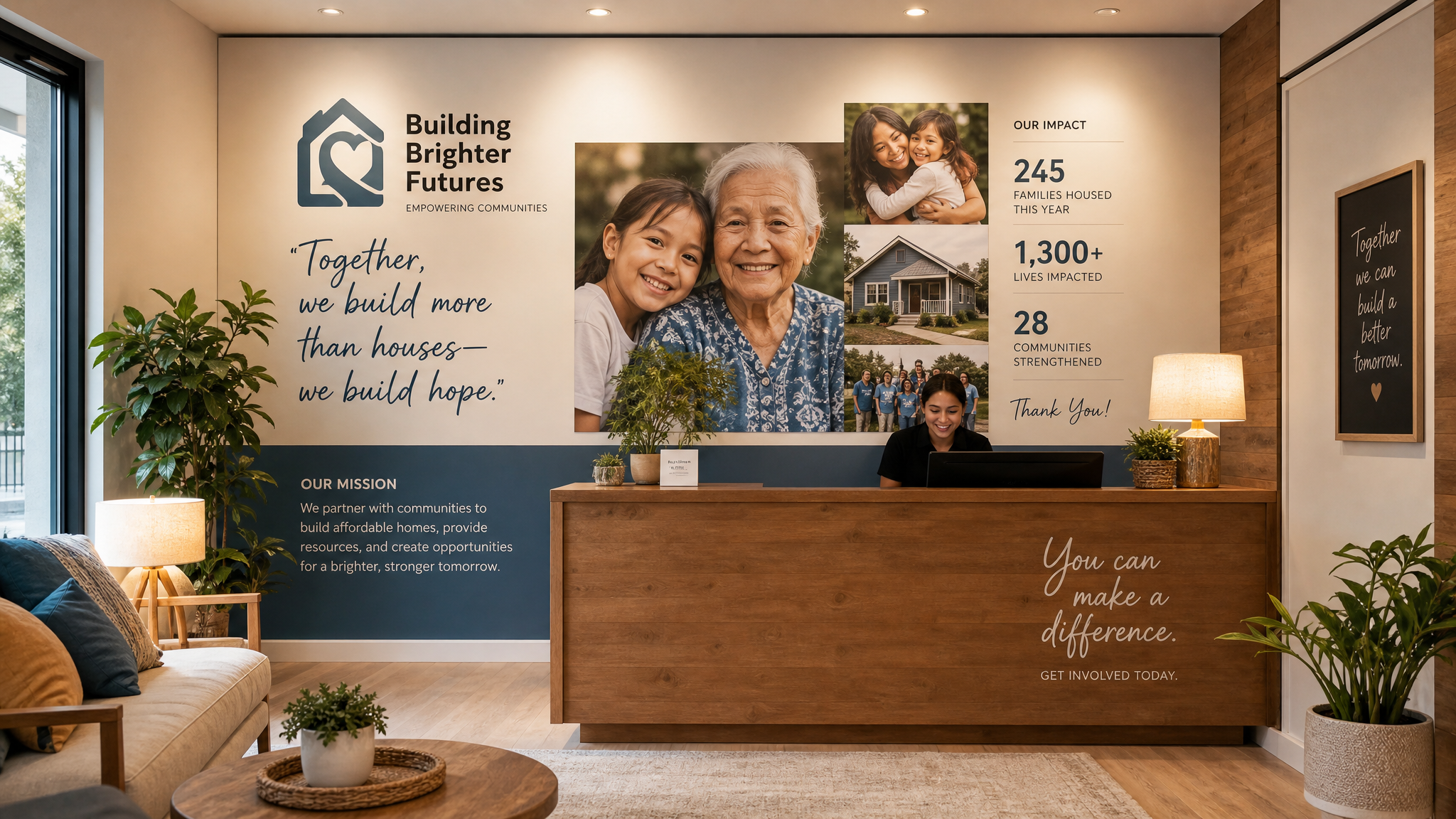 Charity reception with community impact feature wall