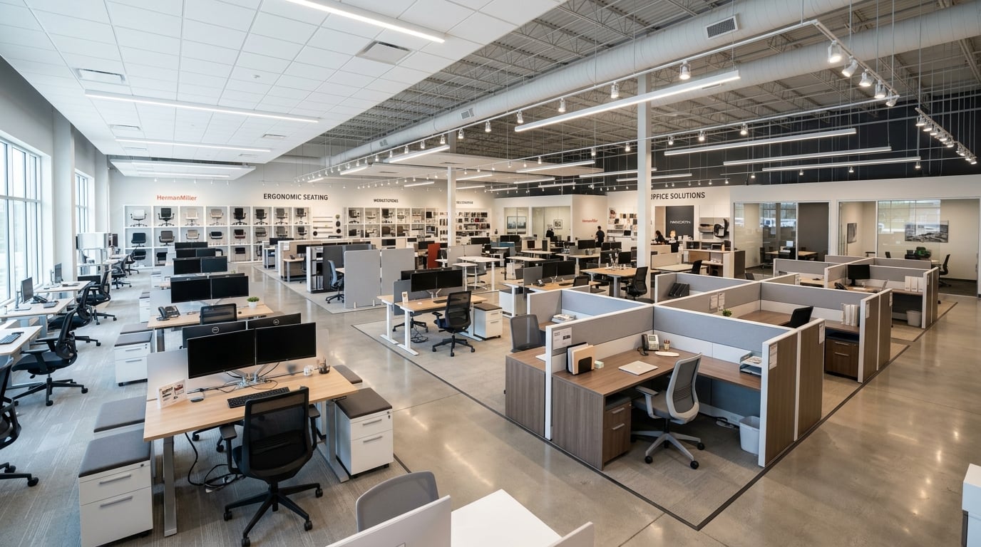 Modern office furniture showroom with design consultation setting