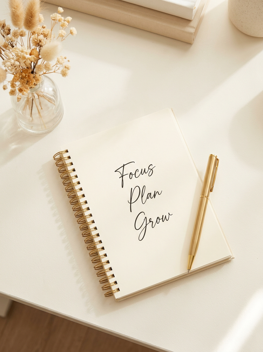 Elegant workspace with Focus Plan Grow notebook and gold pen