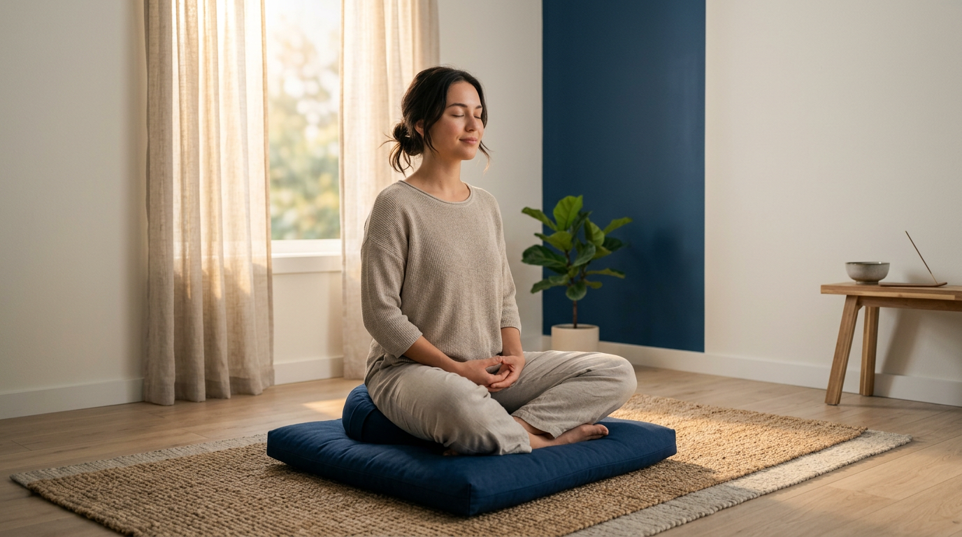 Pessoa meditando em sala tranquila com luz matinal representando atenção plena
