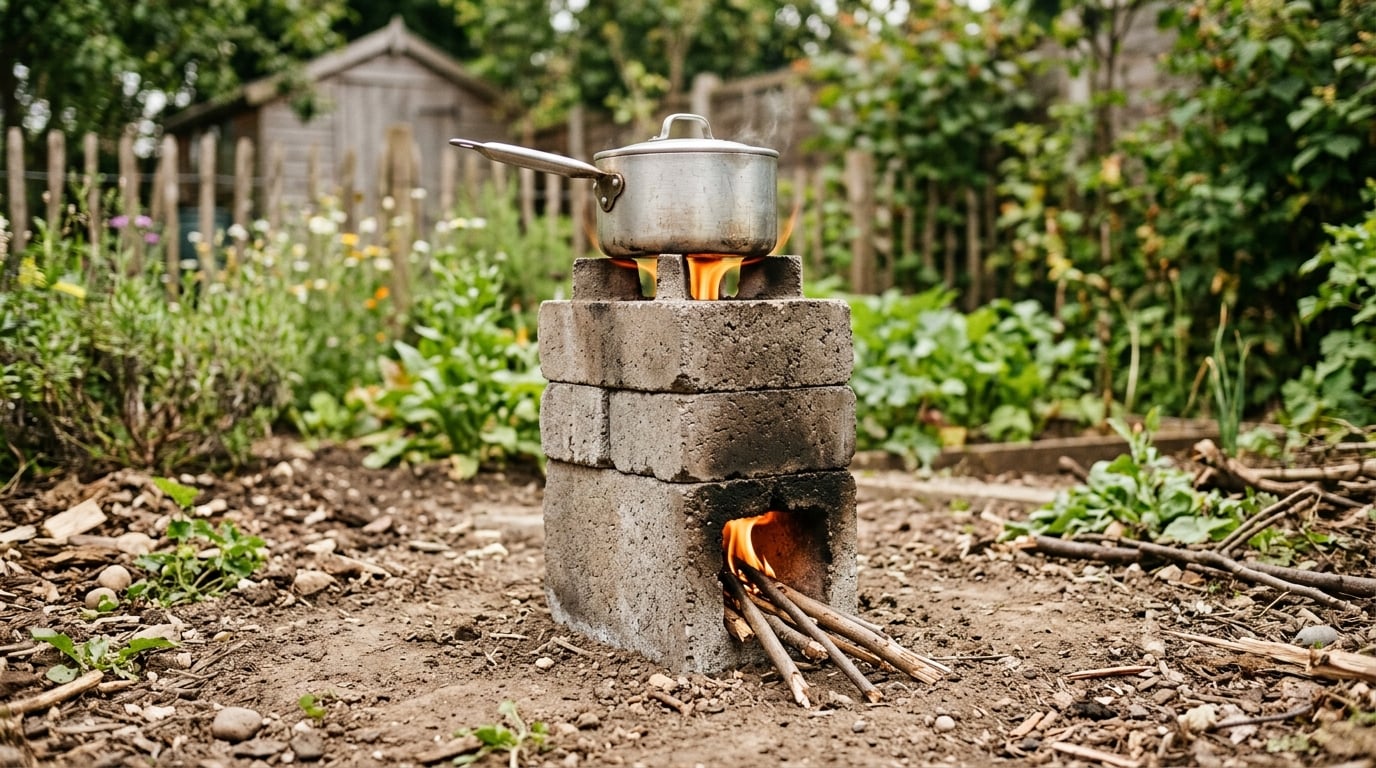 A small rocket stove built from stacked concrete blocks outdoors with a metal pot on top and a clean flame