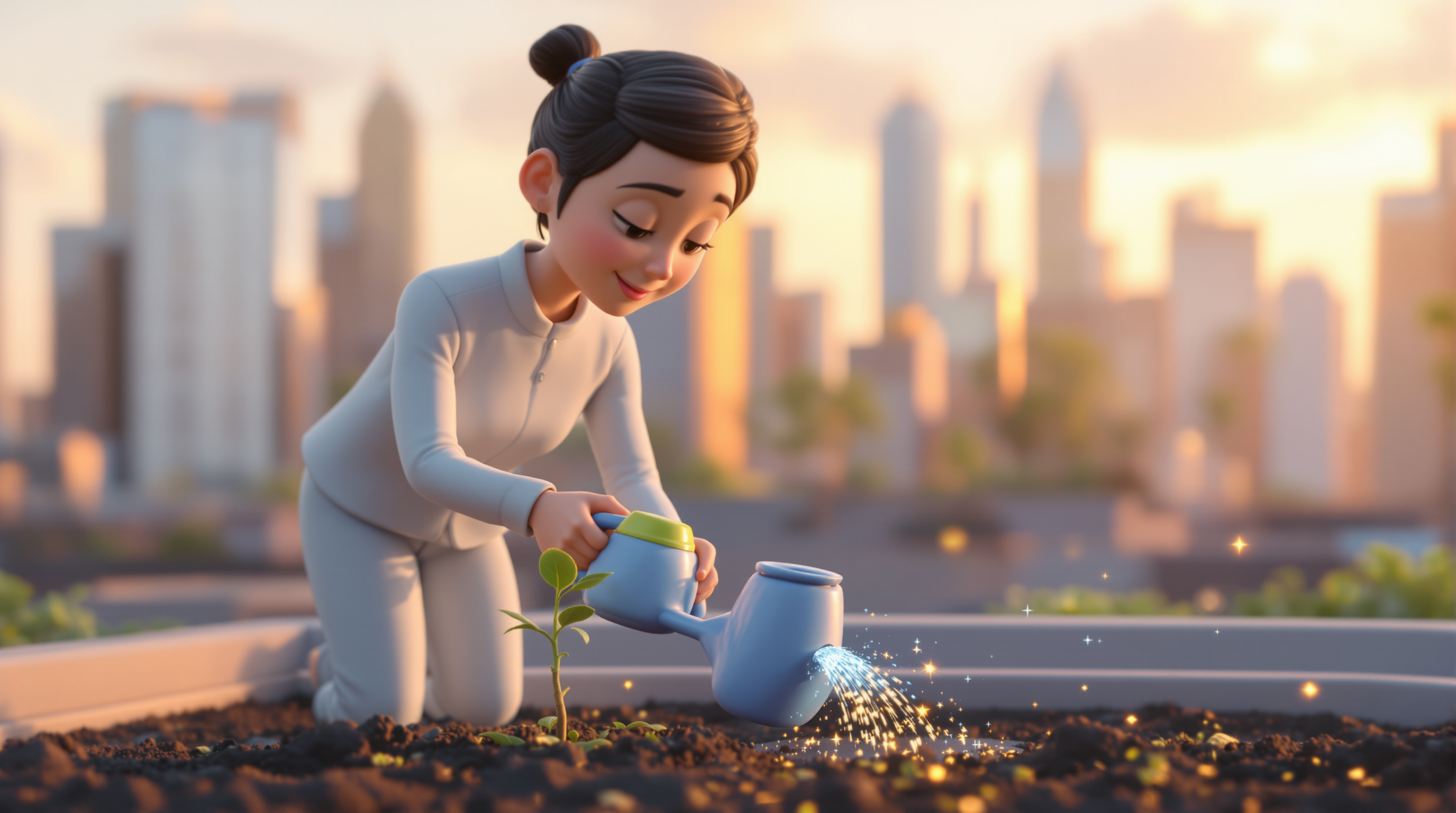 Person watering young tree with glowing data lines in rooftop garden