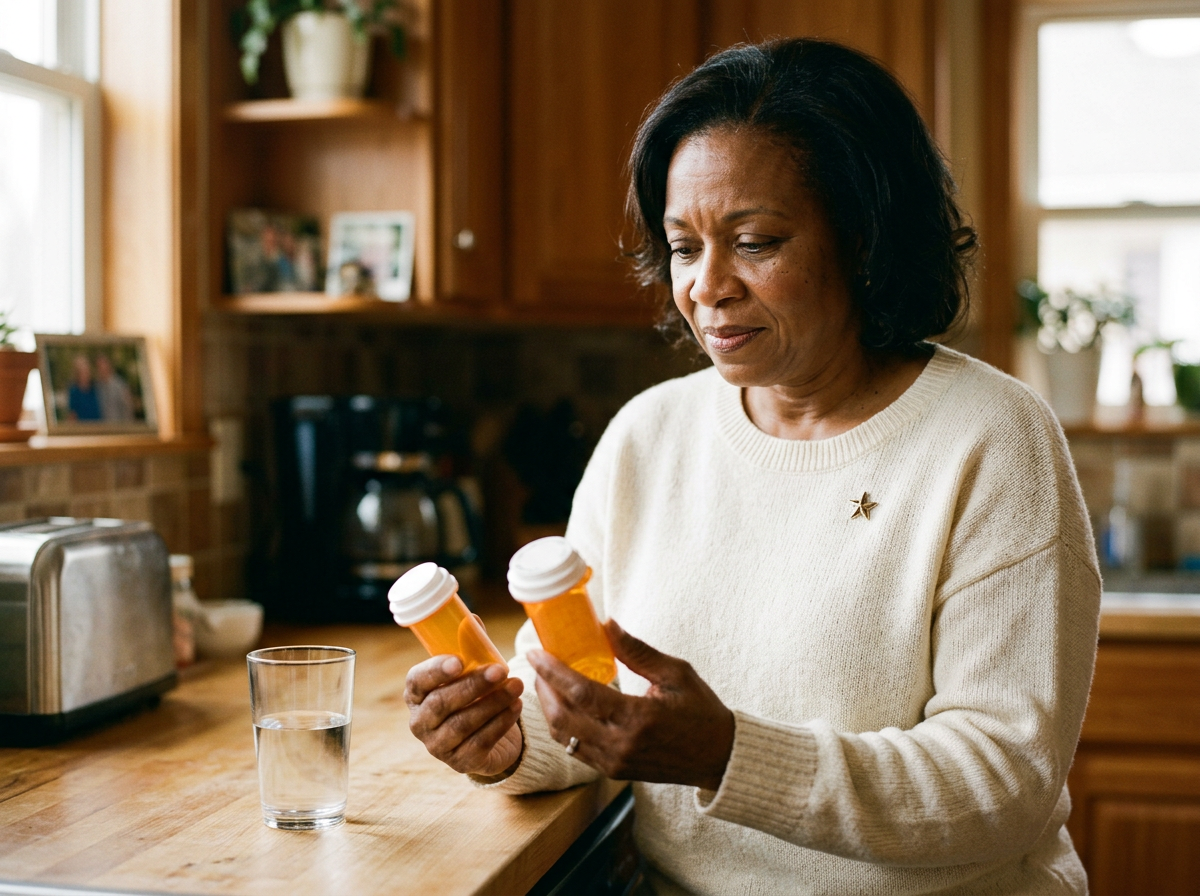 Black female veteran in her 50s standing at her kitchen counter organizing several daily medication bottles with a serious expression