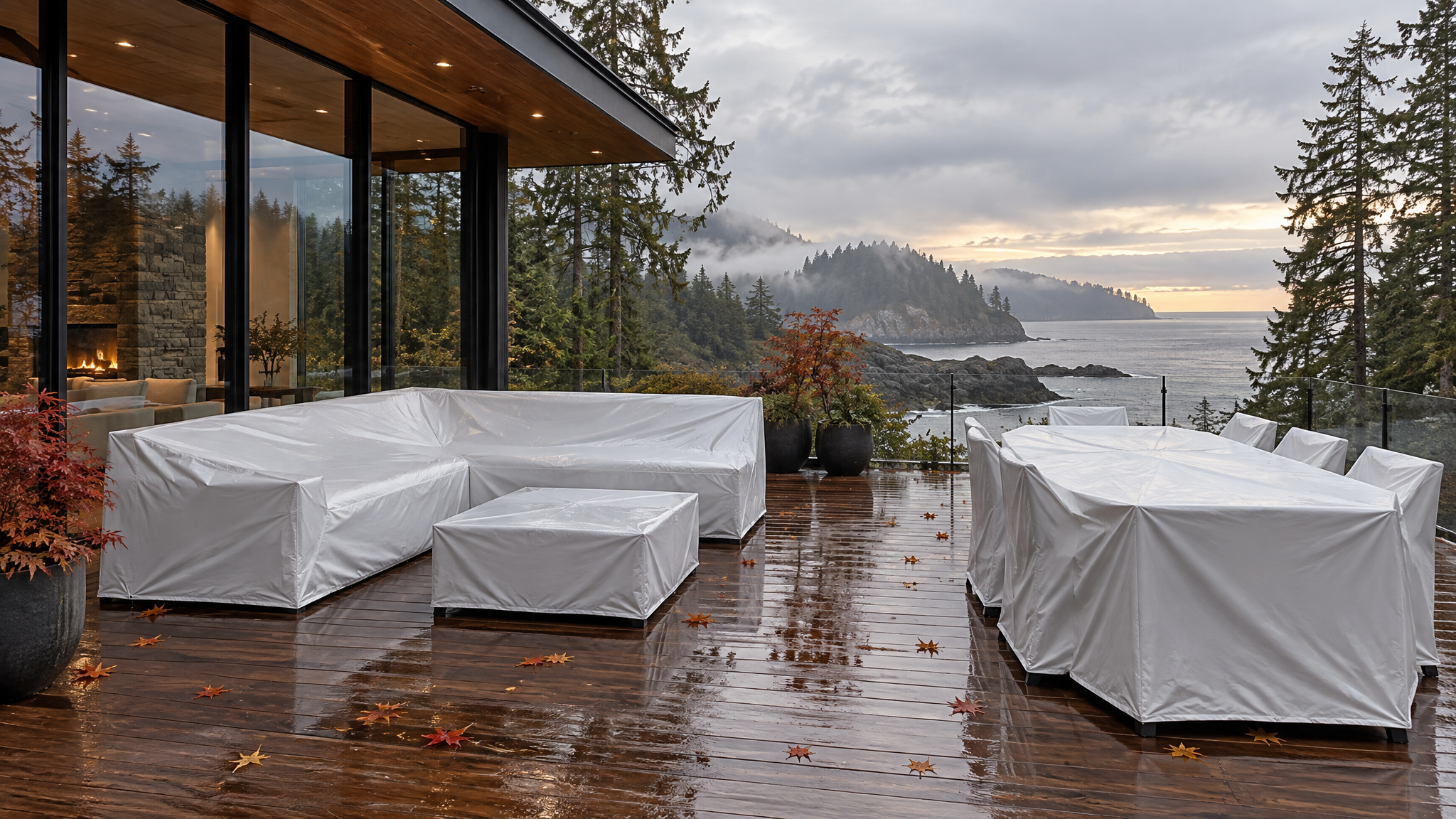 Patio furniture professionally wrapped for winter — concept imagery