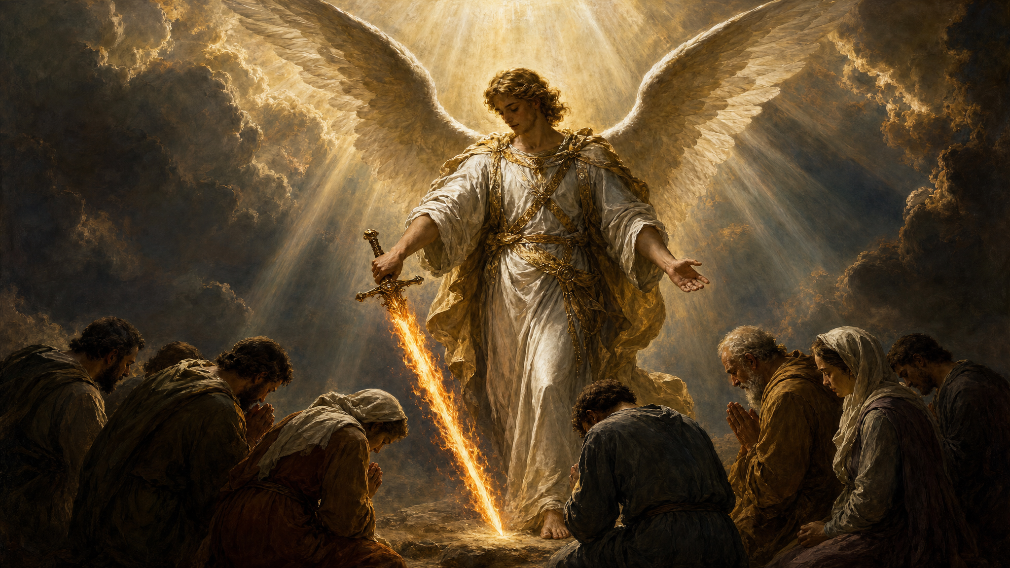 An angel lowering the flaming sword in mercy as people humble themselves before God