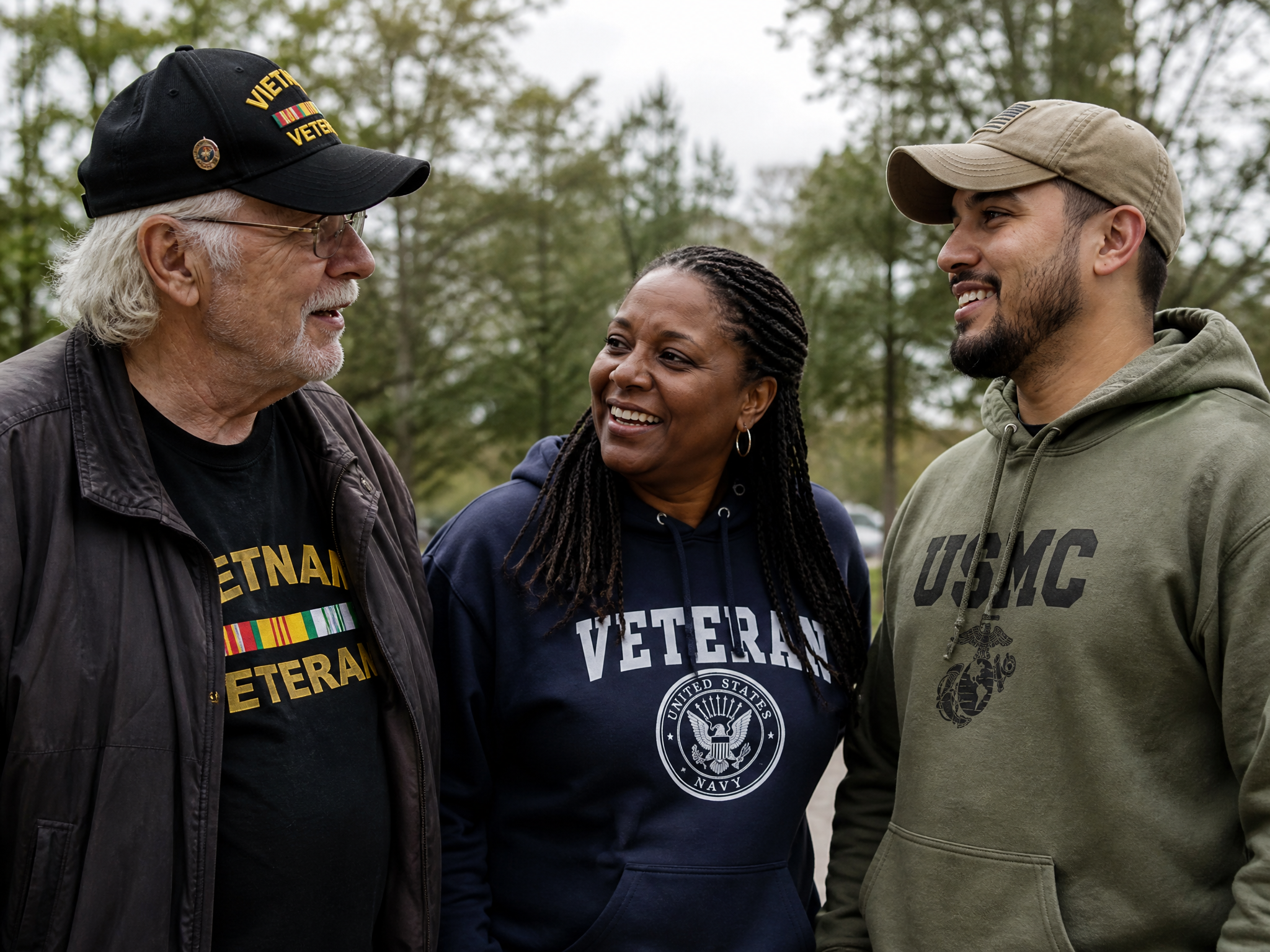 Three veterans of different eras and backgrounds standing together