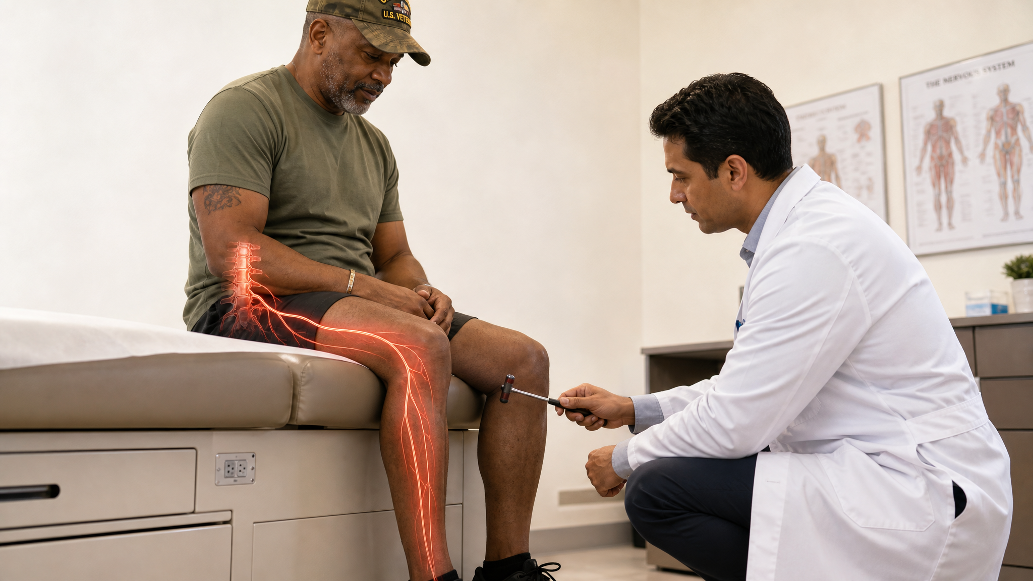 Clinical teaching photograph of a clinician testing a seated patient with a reflex hammer, with spinal nerve roots traced in red from the spine through the limb
