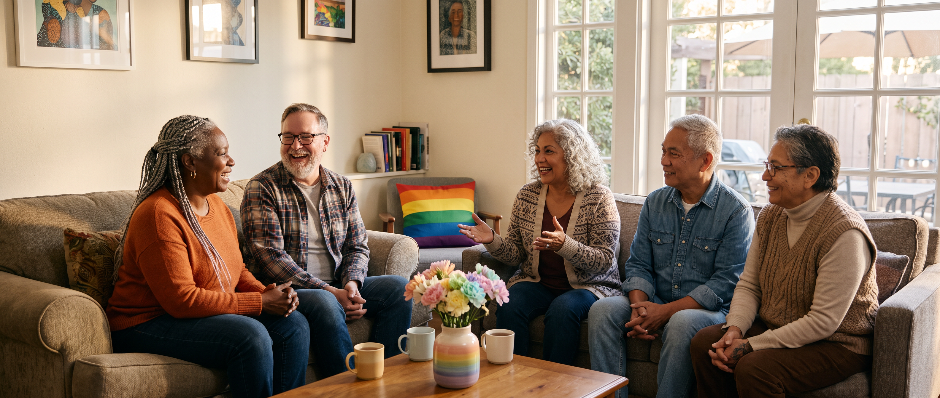 A diverse group of older LGBTQ adults sharing conversation in a bright, welcoming community space