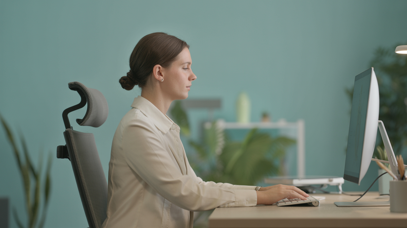 Persona con buena postura ergonómica trabajando en escritorio moderno