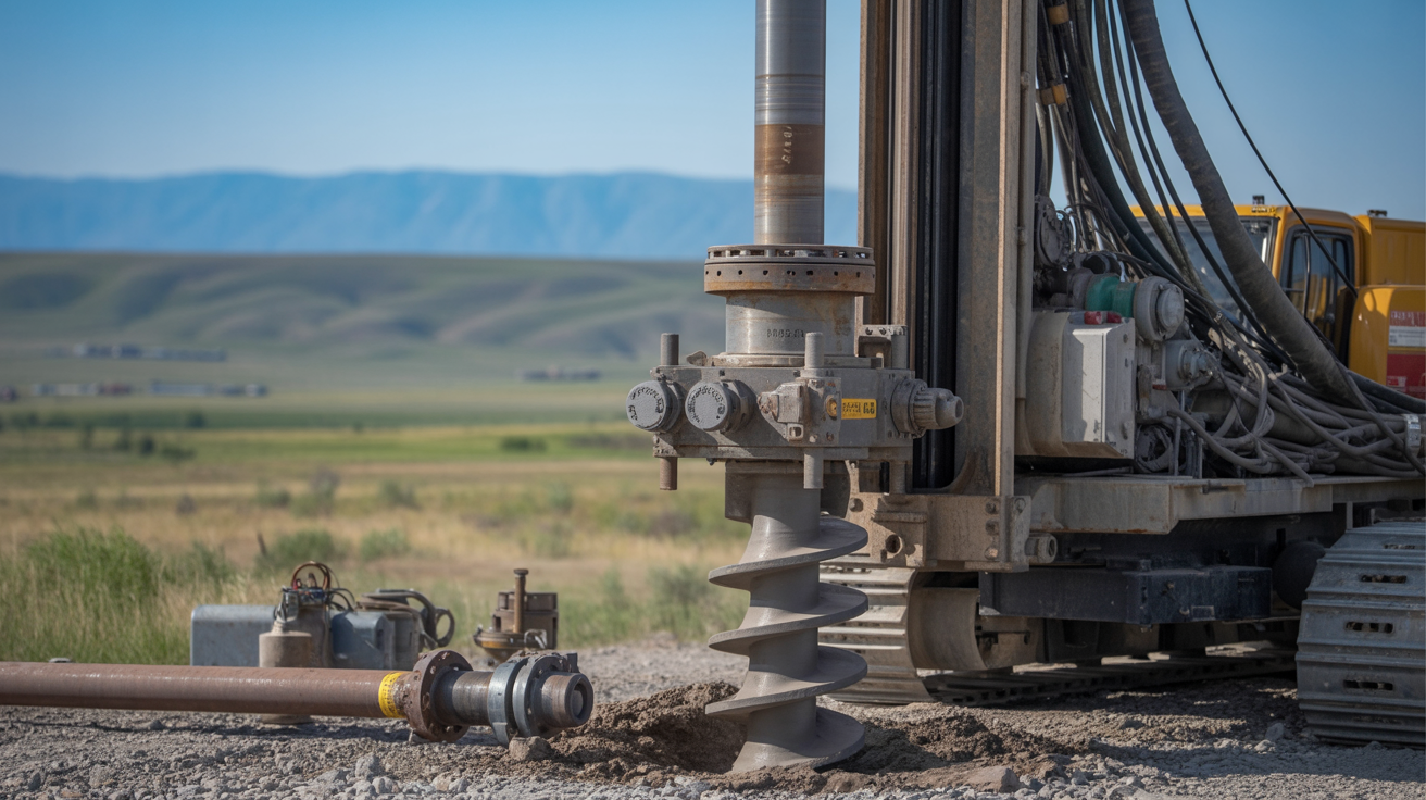 Close-up of water well drilling equipment and drill components