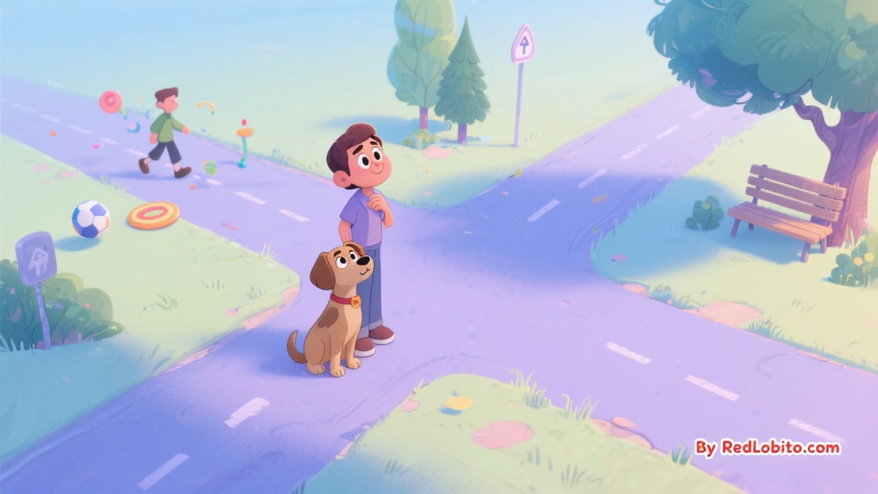 Choose your own pet adventure crossroads with dog and owner, cartoon paths, pastel blue-lavender, By RedLobito.com