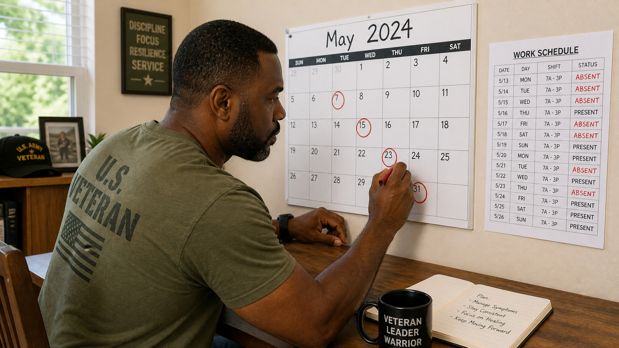 Clinical teaching photograph of a veteran at a table counting flare days circled in red on a wall calendar beside a printed work schedule with several days marked absent