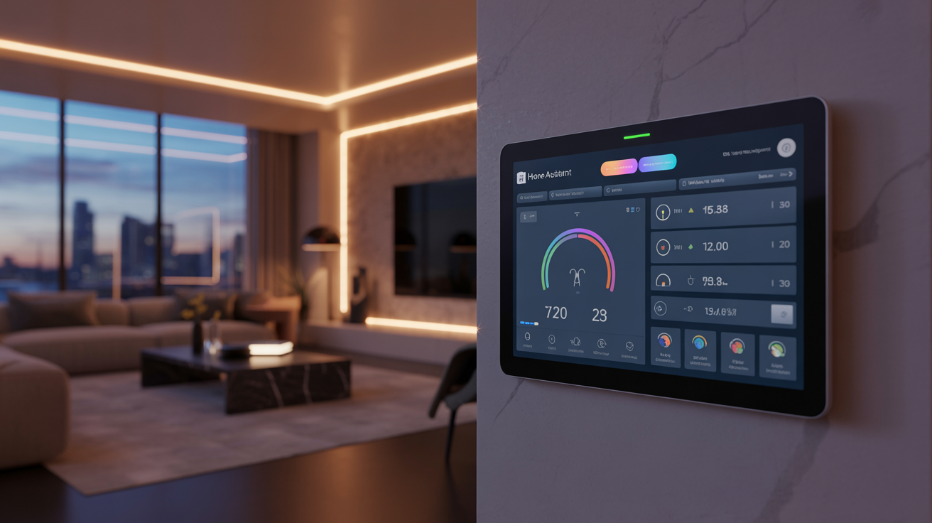Nowoczesne wnętrze smart home z panelem sterowania Home Assistant