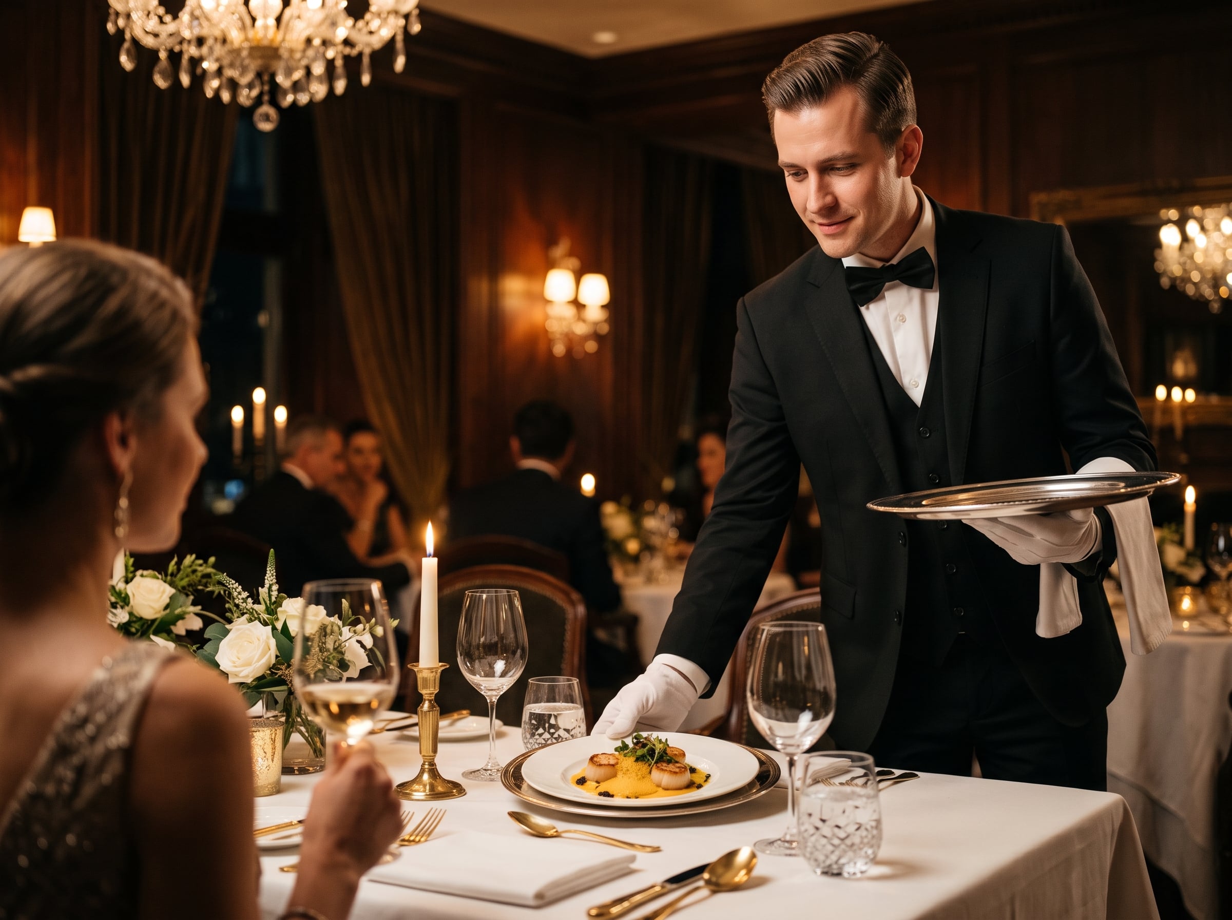 Impeccably groomed professional server in formal attire providing fine dining service at a five-star hotel