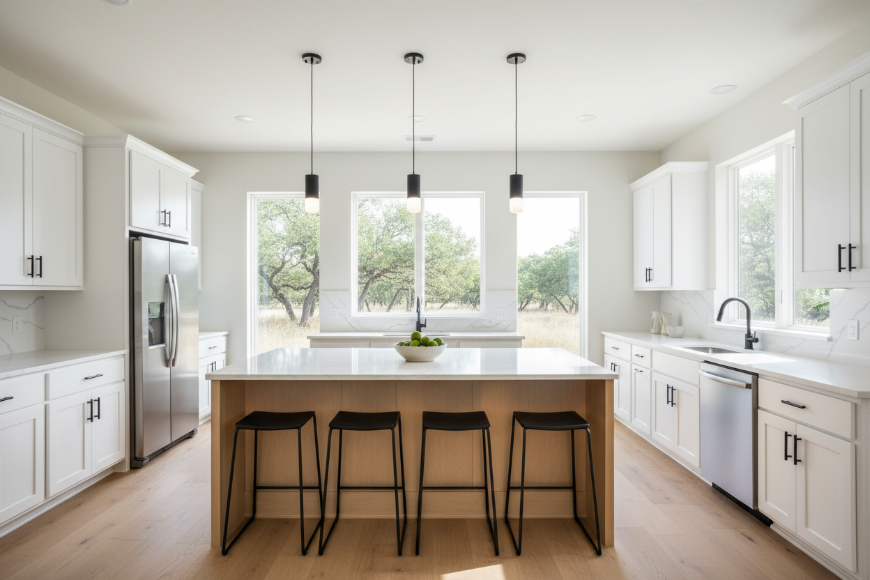 Bright, open-concept kitchen with white shaker cabinets, quartz counters, and wood-base island