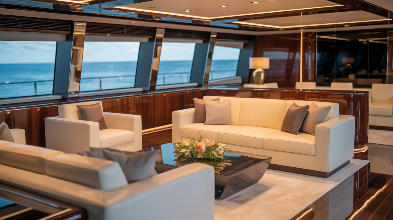Luxury yacht interior salon with cream leather and gold accents