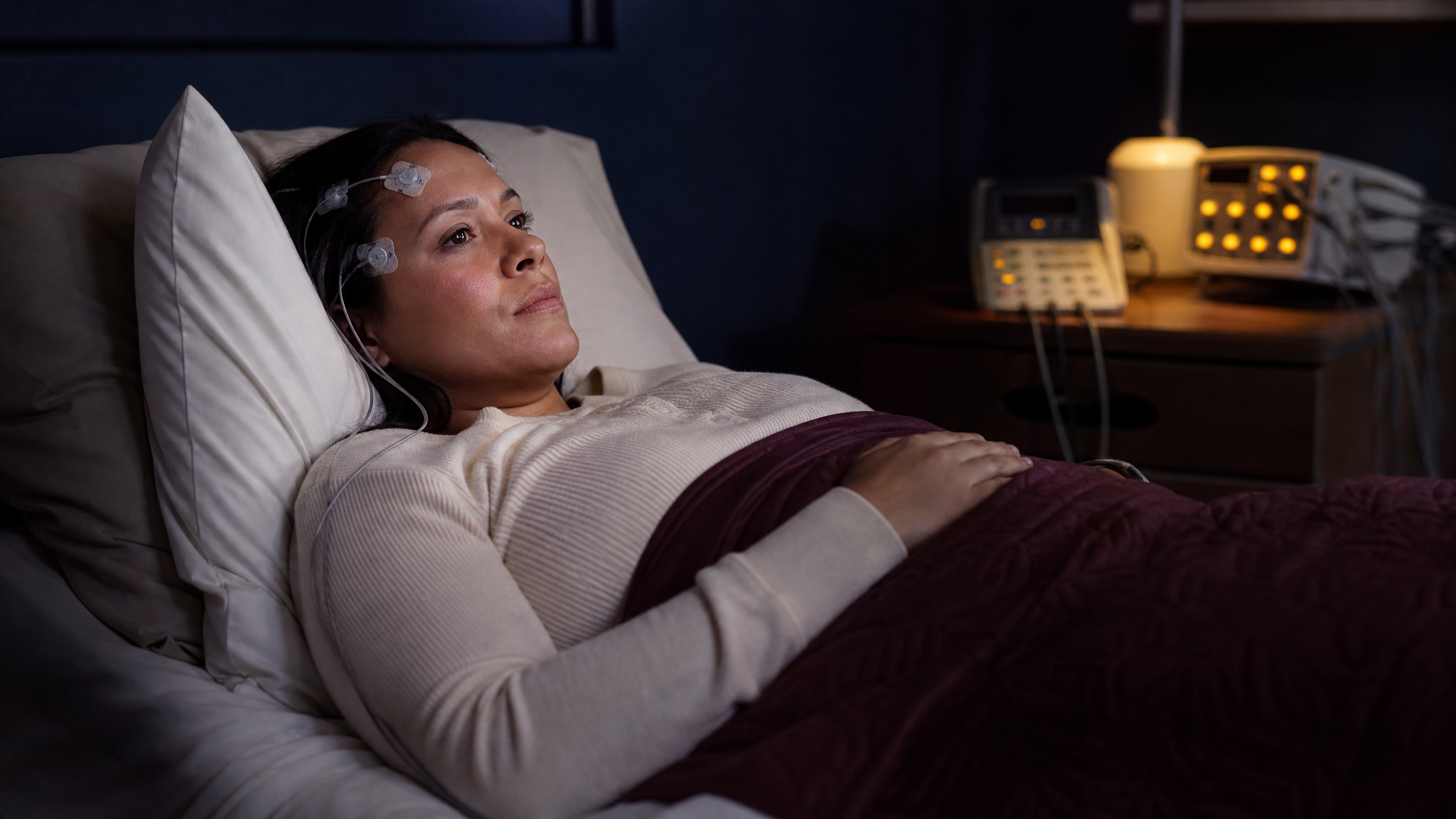 A woman veteran undergoing an overnight sleep study