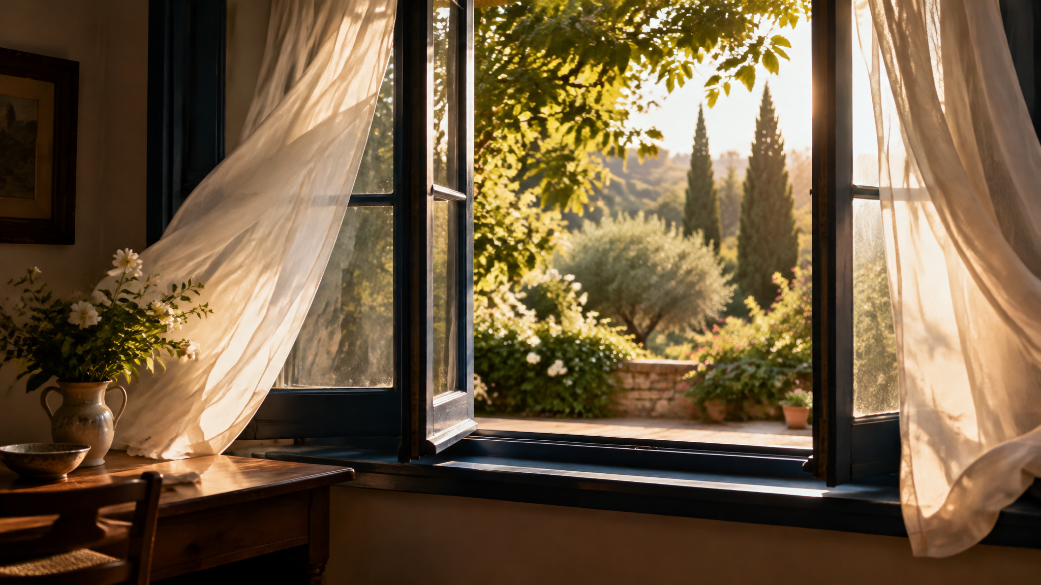 Janela aberta com cortinas leves ao vento e vista para jardim verde