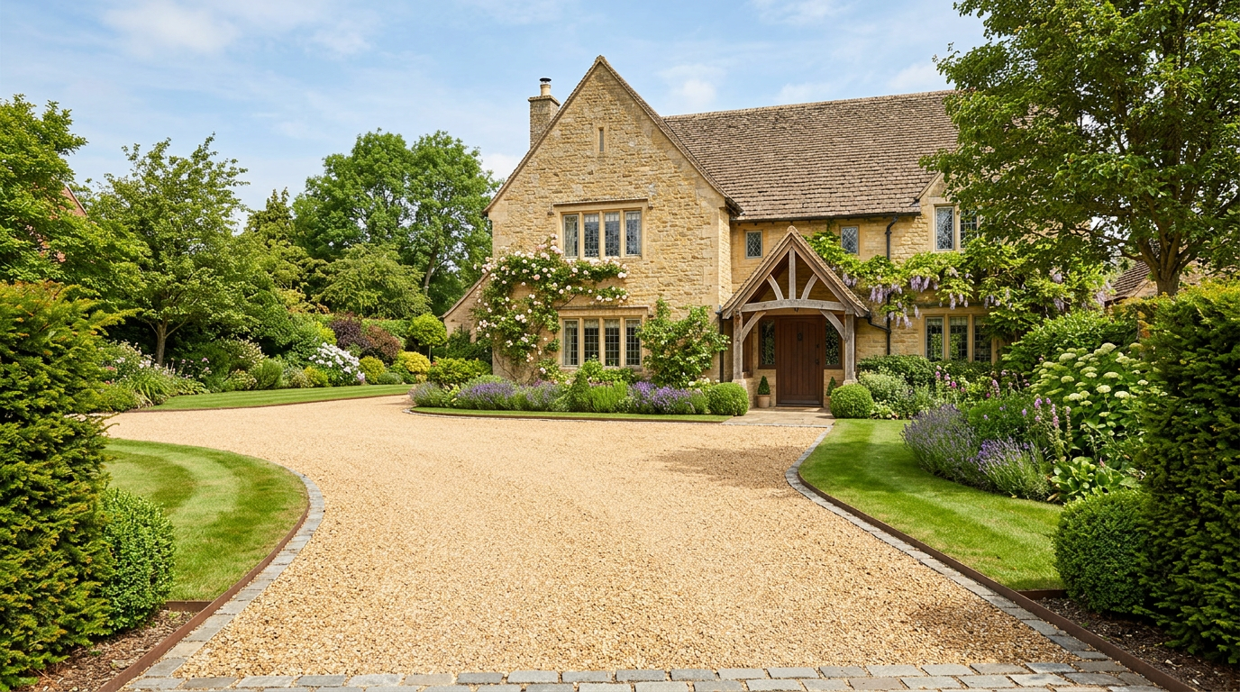 Gravel driveway with clean edging at a UK country house