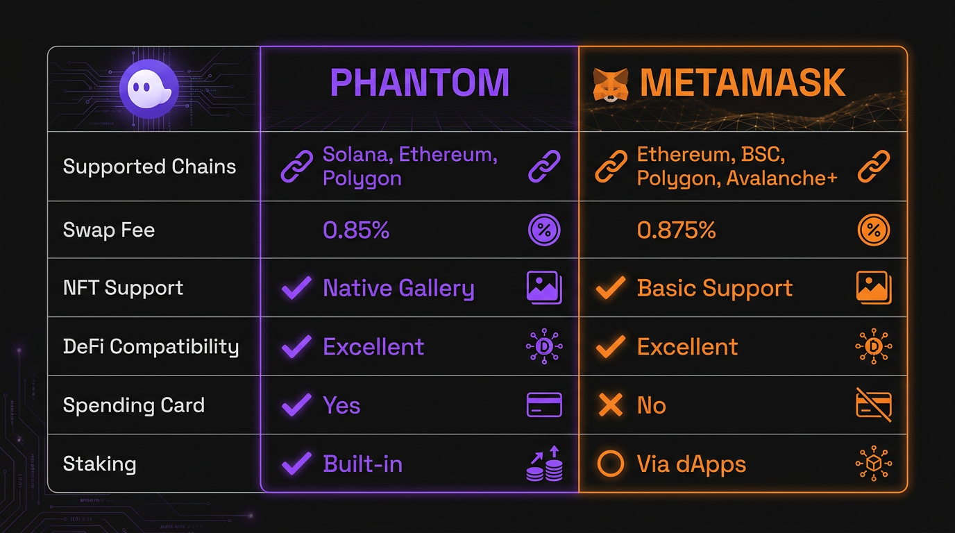 Phantom vs MetaMask feature comparison table showing supported chains swap fees NFT support