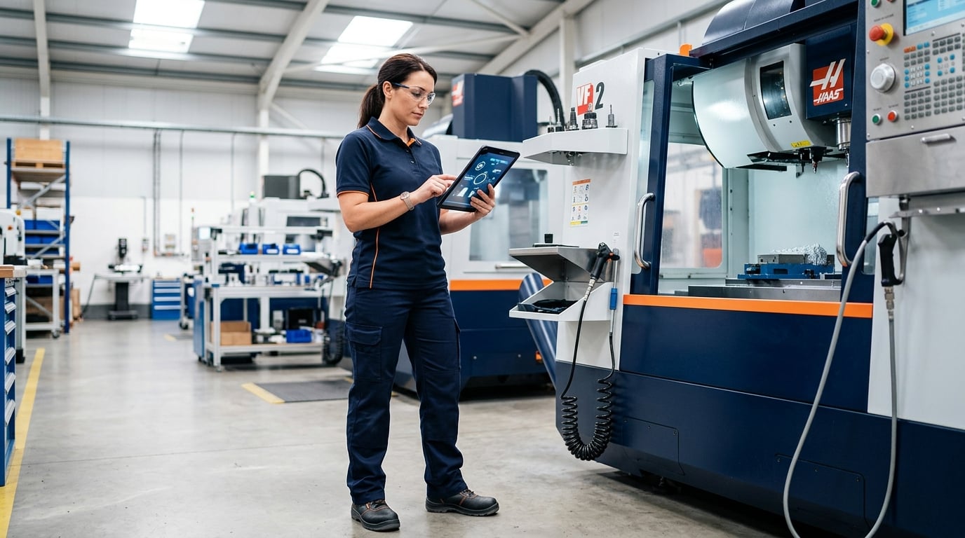Factory worker using a tablet with a digital work order next to CNC machines on the shop floor