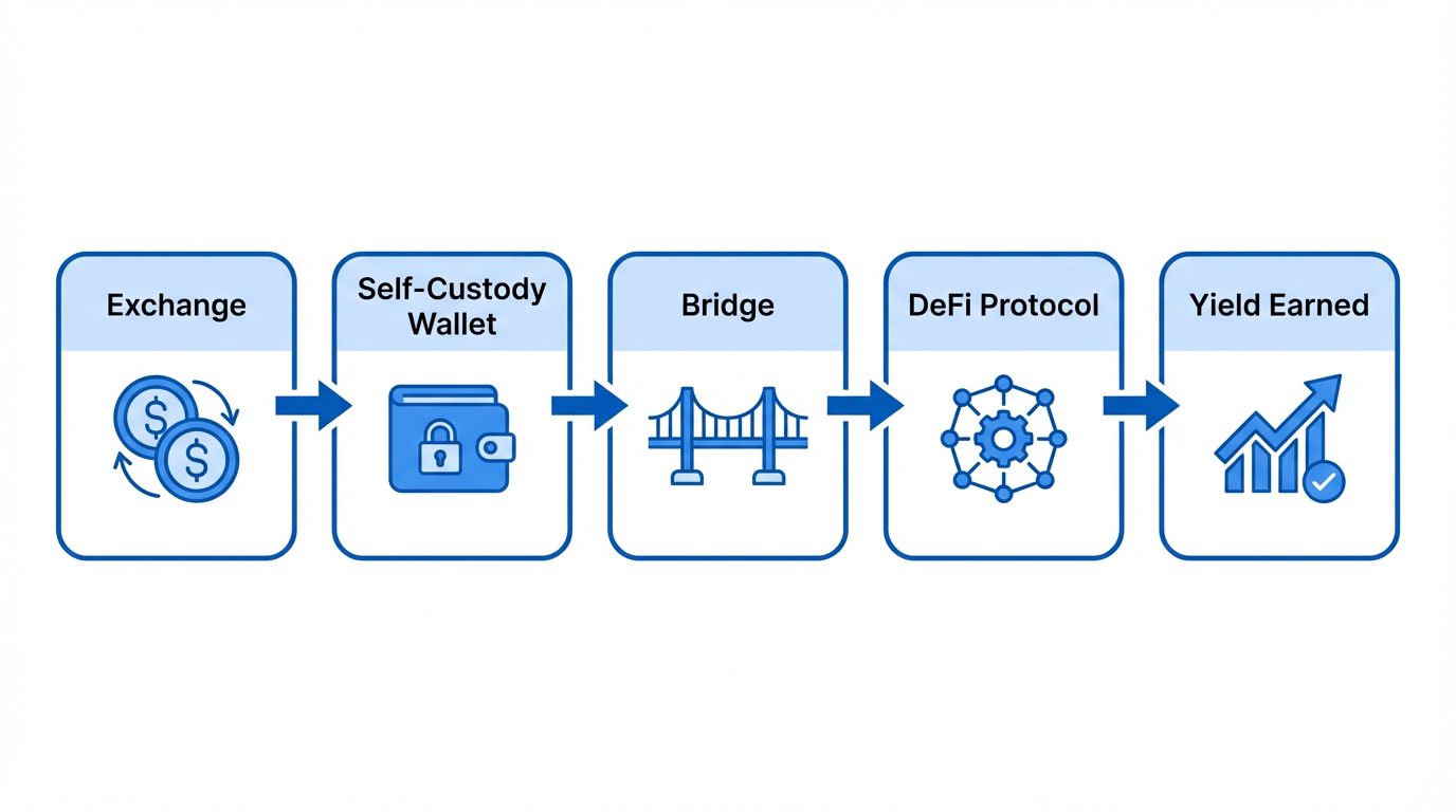 Step-by-step DeFi flow diagram showing how to earn yield on stablecoins from exchange to wallet to protocol