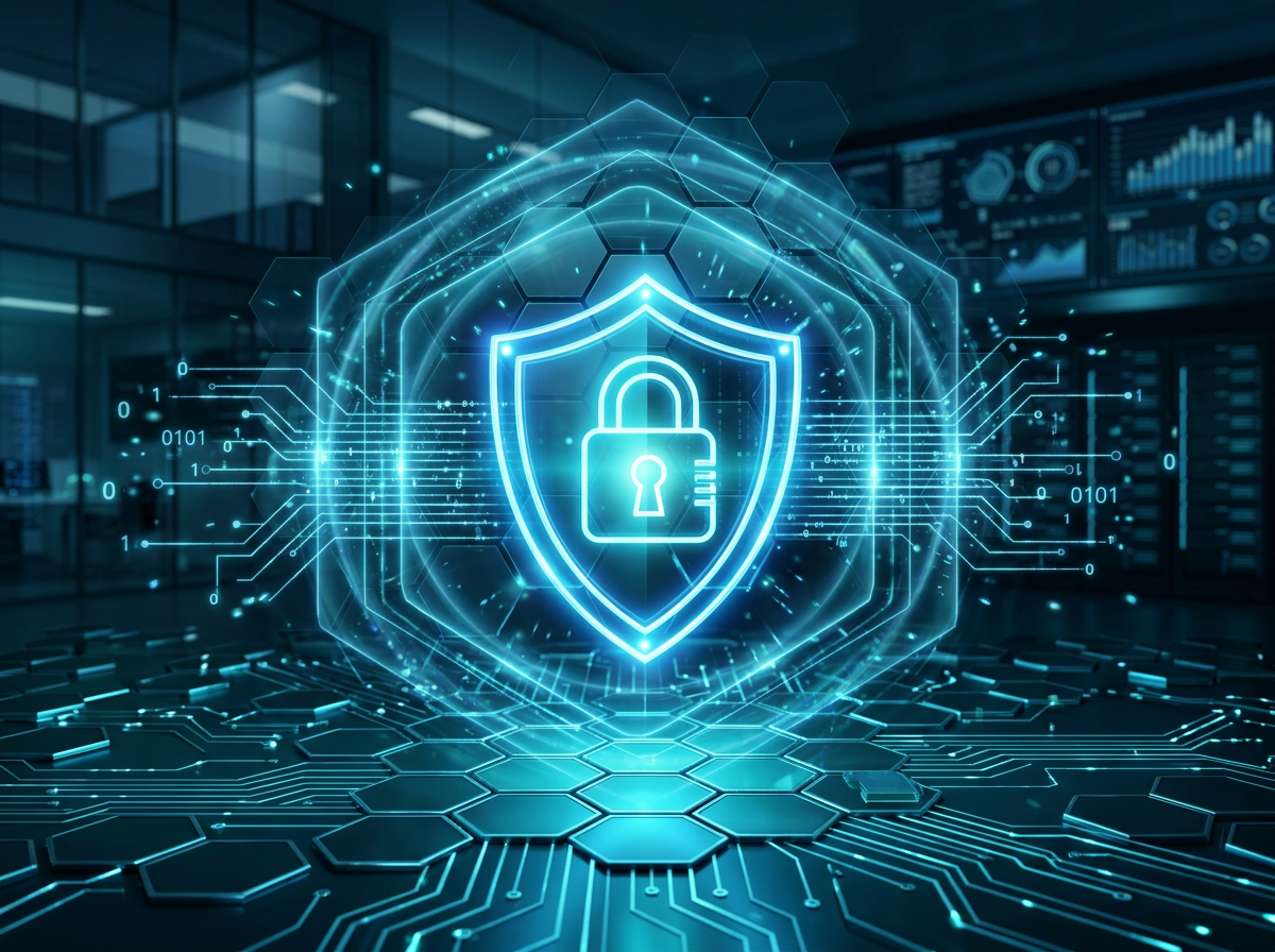 Escudo de ciberseguridad con iconos de protección digital