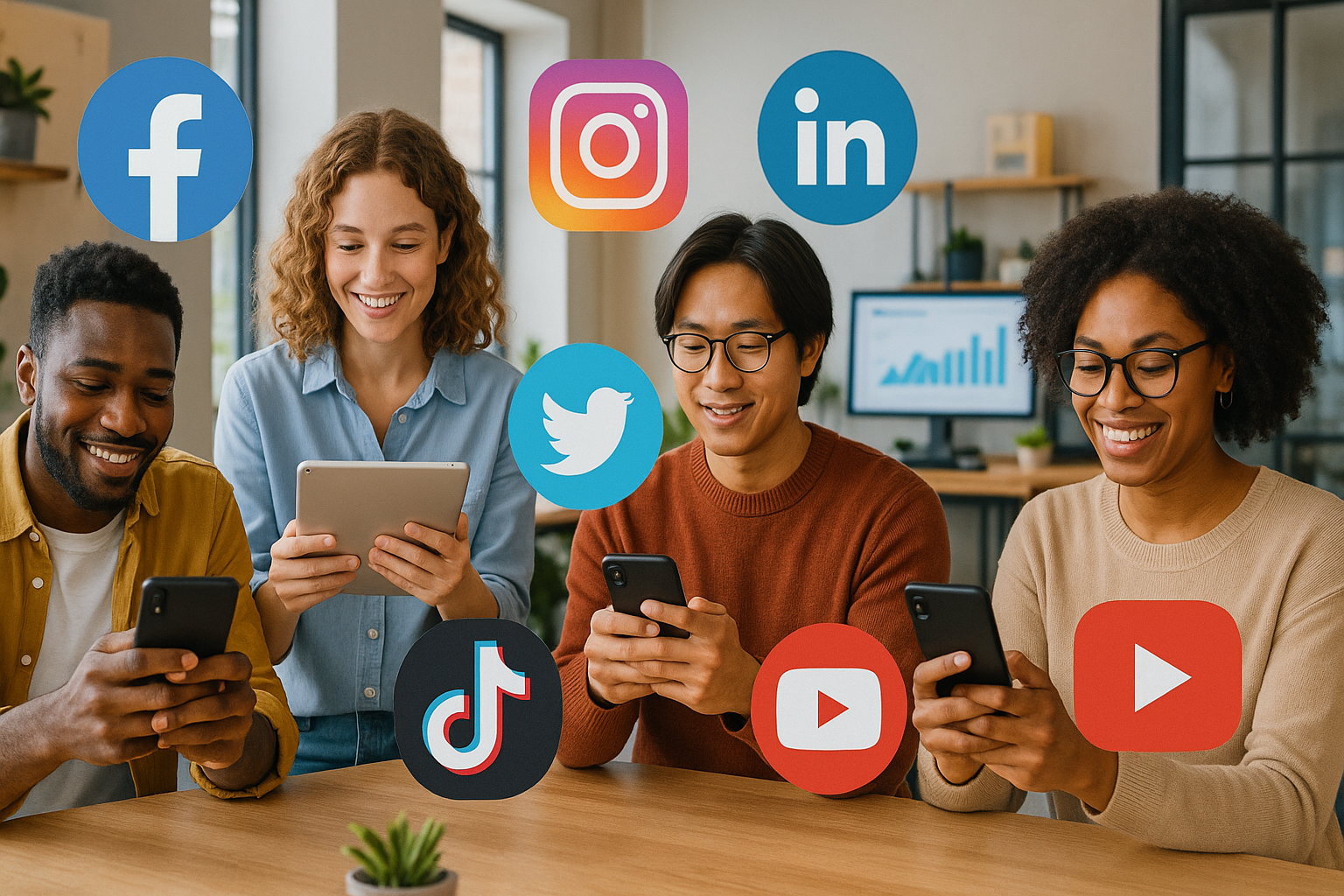 Redes sociais, pessoas interagindo em smartphones e engajamento online